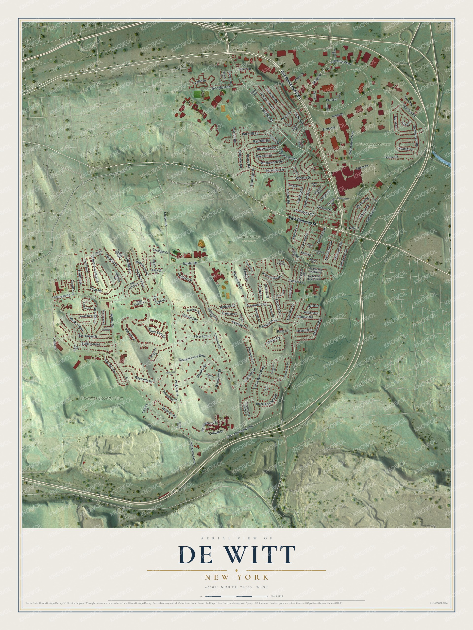 Full map of De Witt, New York, with red buildings, printed street names and the land around them
