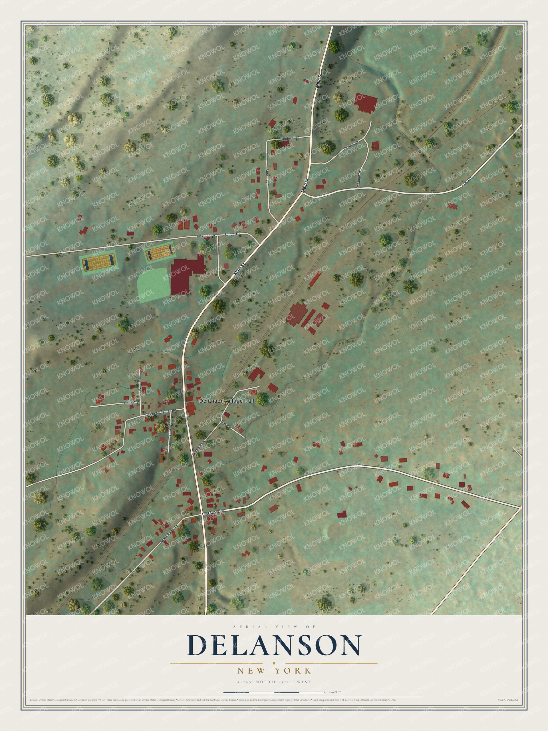 Full map of Delanson, New York, with red buildings, printed street names and the land around them