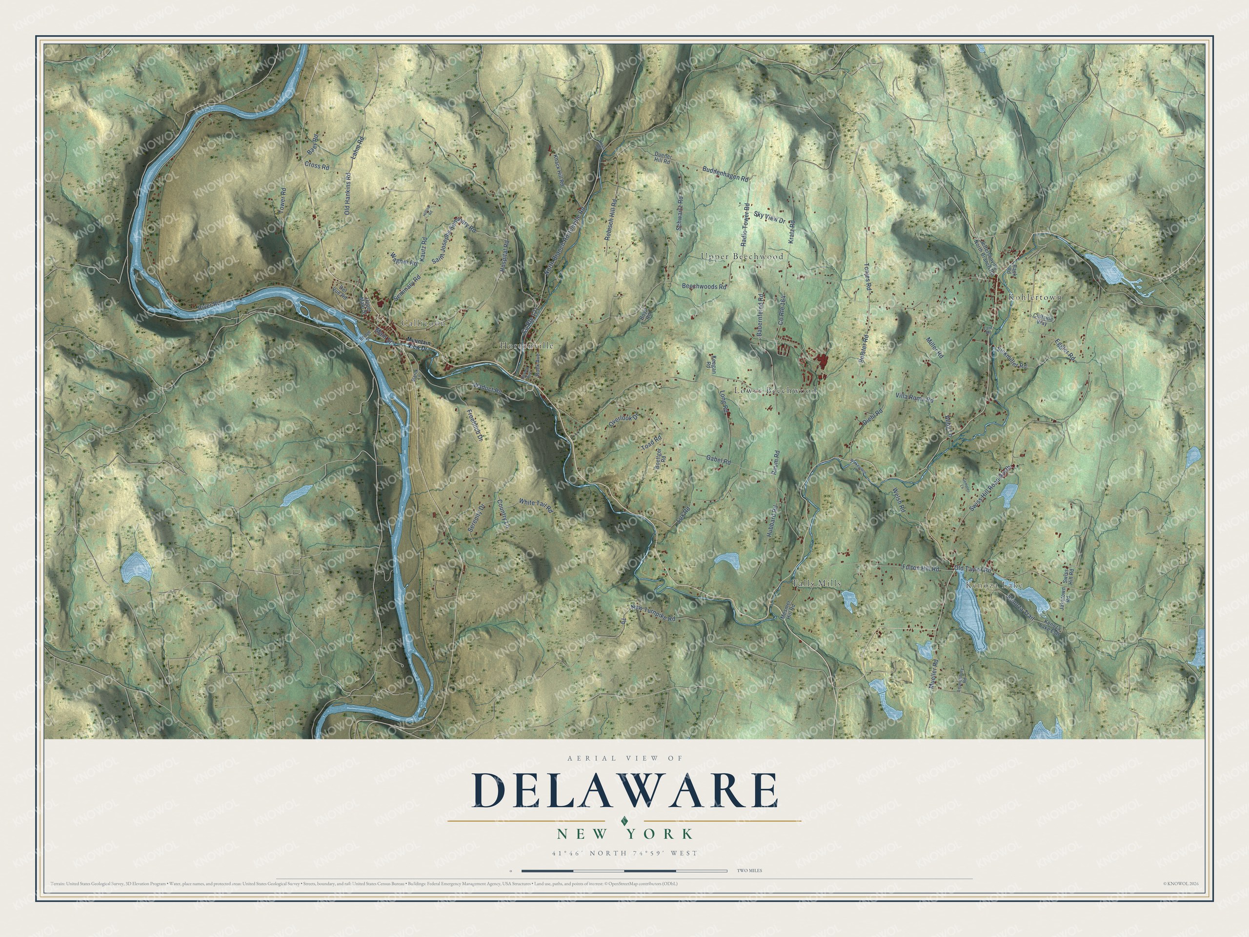 Detailed map of Delaware, New York, showing streets, buildings, and neighborhoods