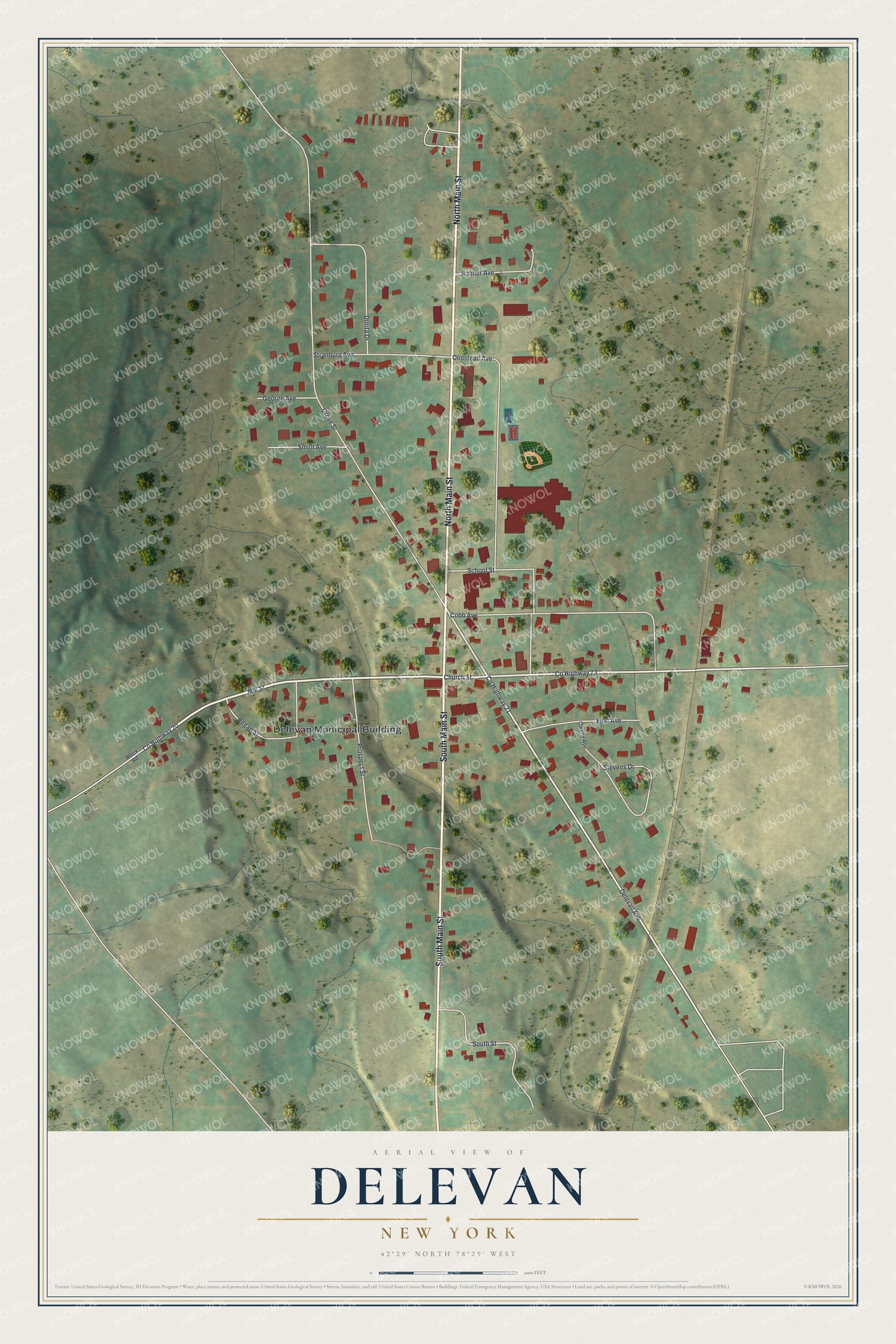 Full map of Delevan, New York, with red buildings, printed street names and the land around them