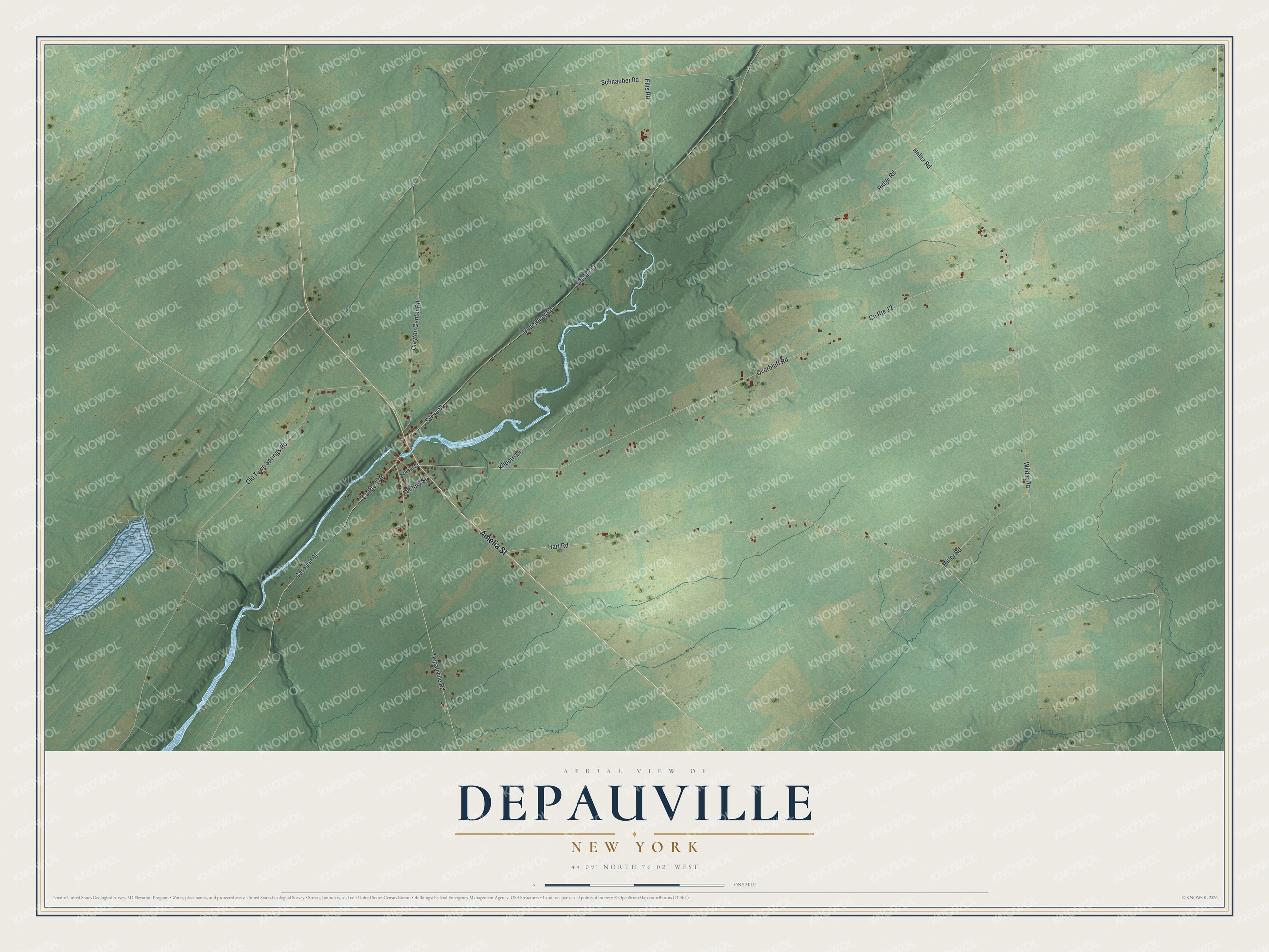 Full map of Depauville, New York, with red buildings, printed street names and the land around them