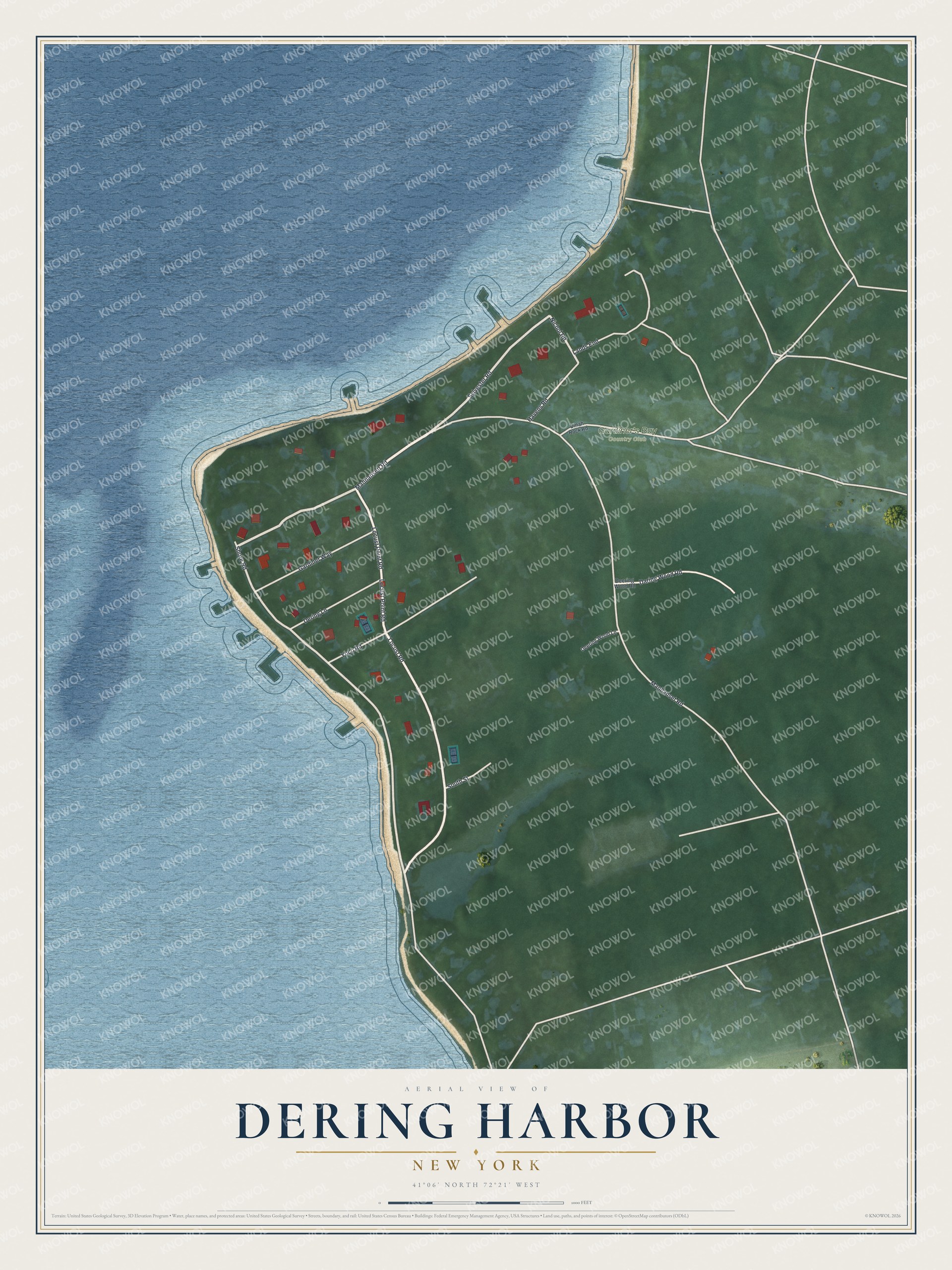 Full map of Dering Harbor, New York, with red buildings, printed street names and the land around them