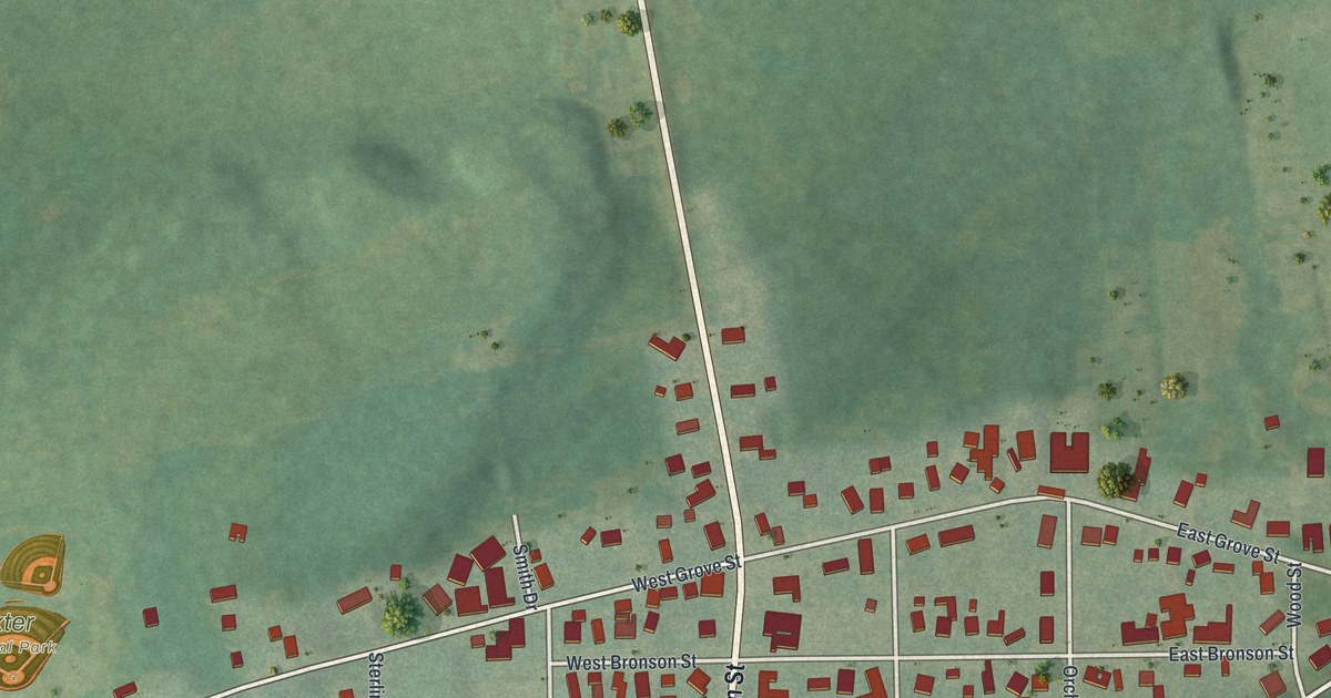 Close-up of streets and buildings in Dexter, New York