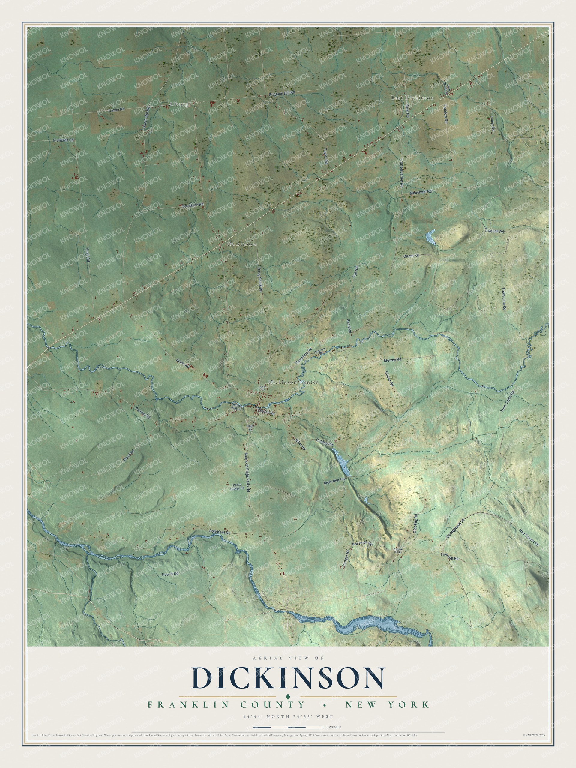 Detailed map of Dickinson, Franklin County, New York, showing streets, buildings, and neighborhoods