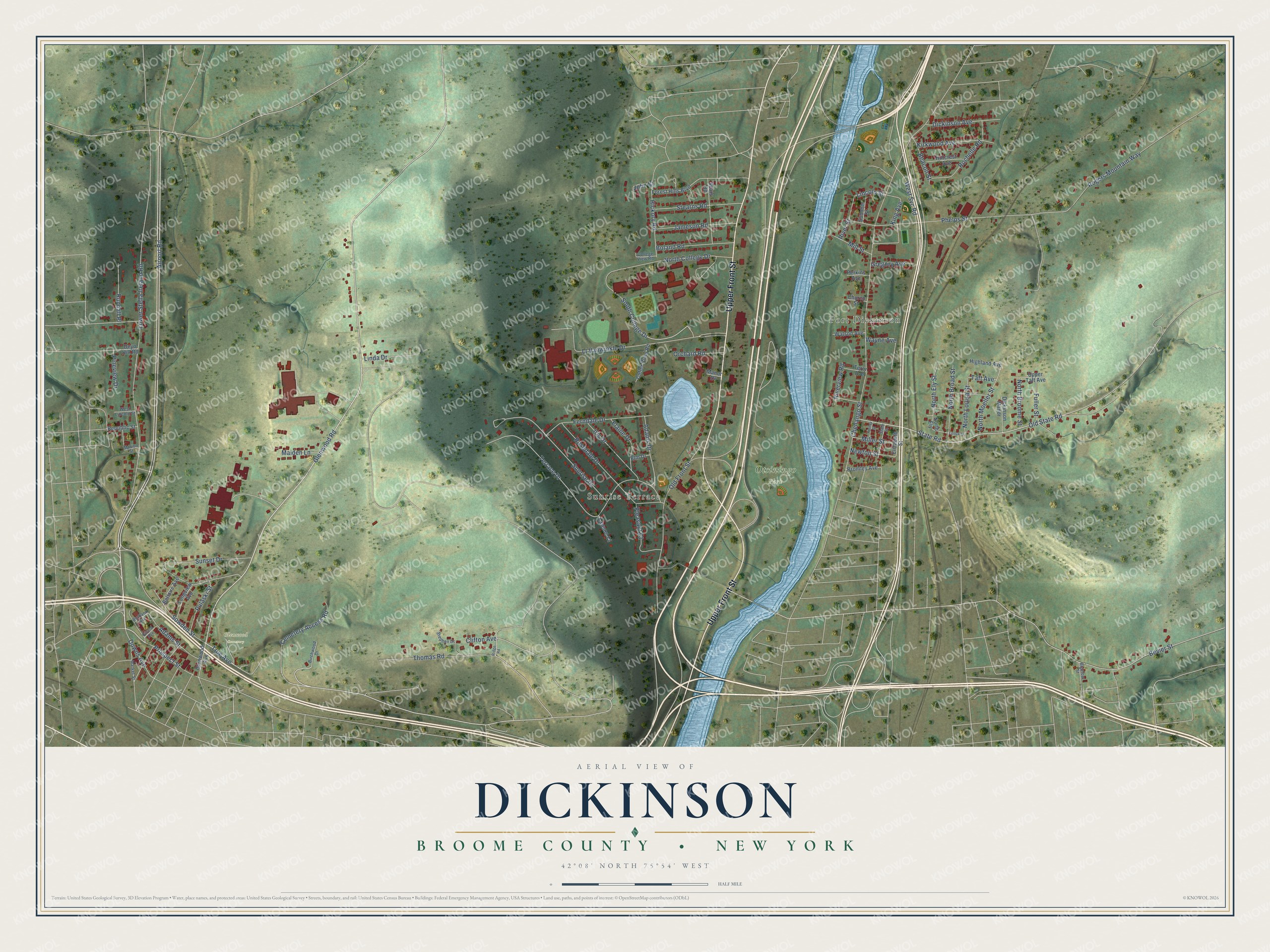 Detailed map of Dickinson, Broome County, New York, showing streets, buildings, neighborhoods, and parks