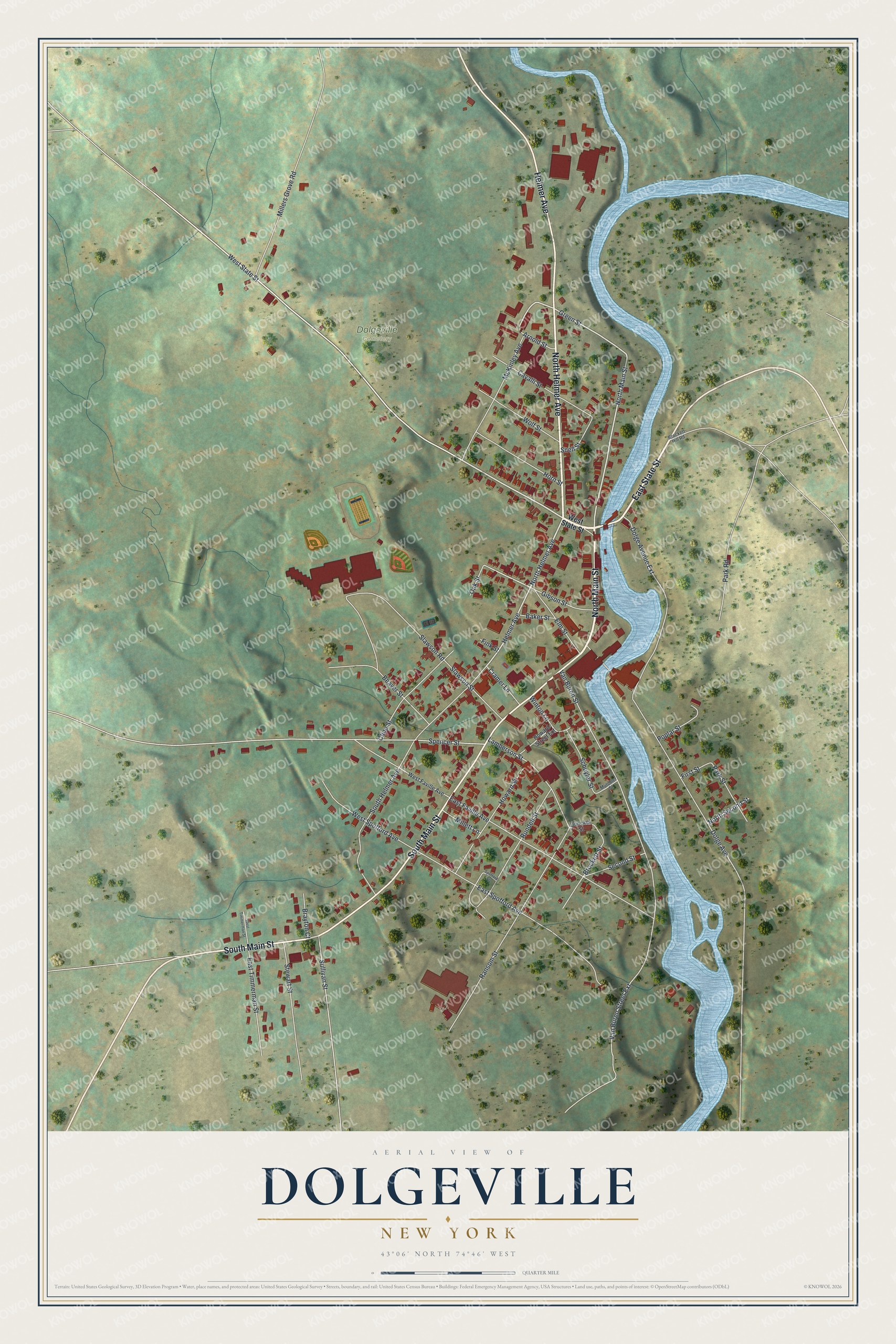 Full map of Dolgeville, New York, with red buildings, printed street names and the land around them