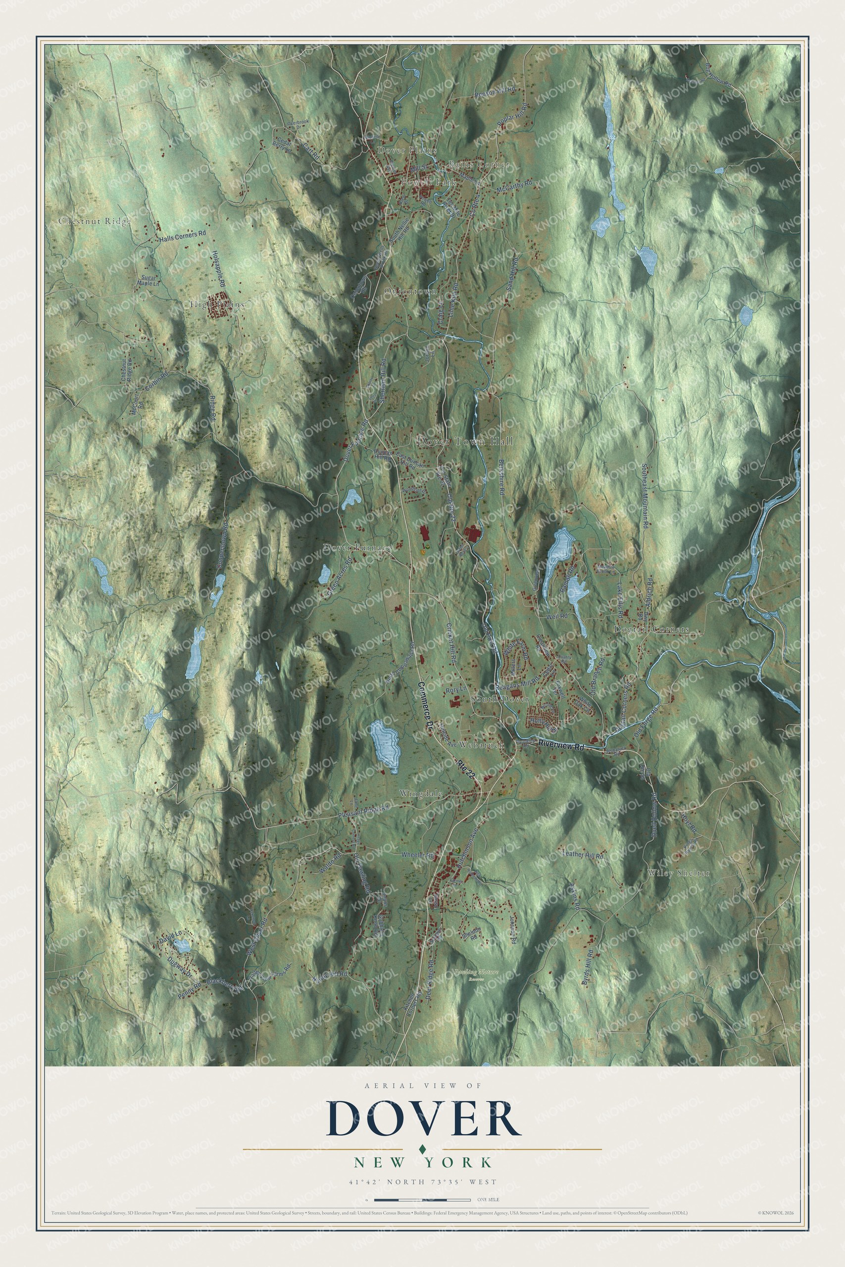 Detailed map of Dover, New York, showing streets, buildings, neighborhoods, and parks