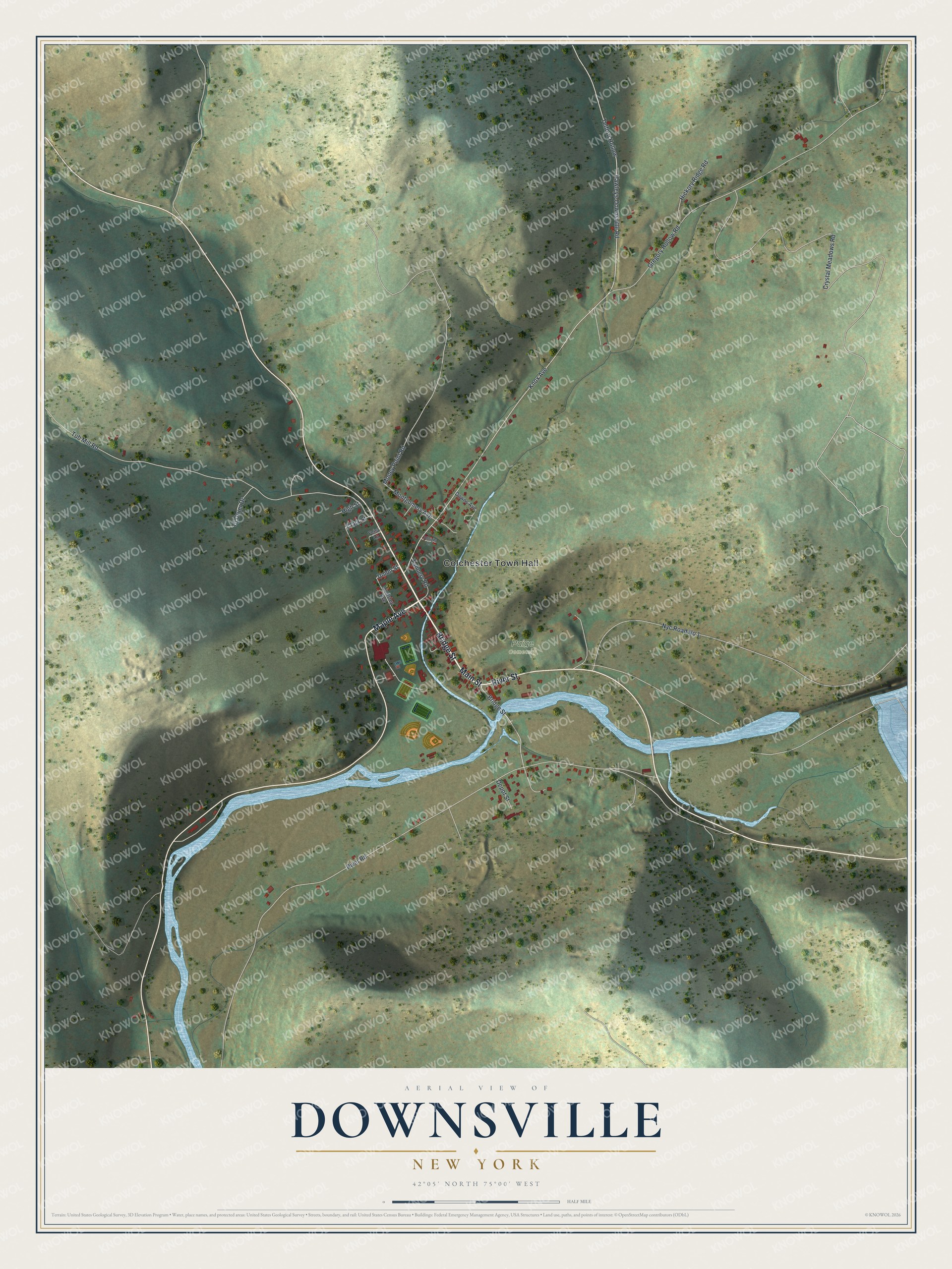 Full map of Downsville, New York, with red buildings, printed street names and the land around them
