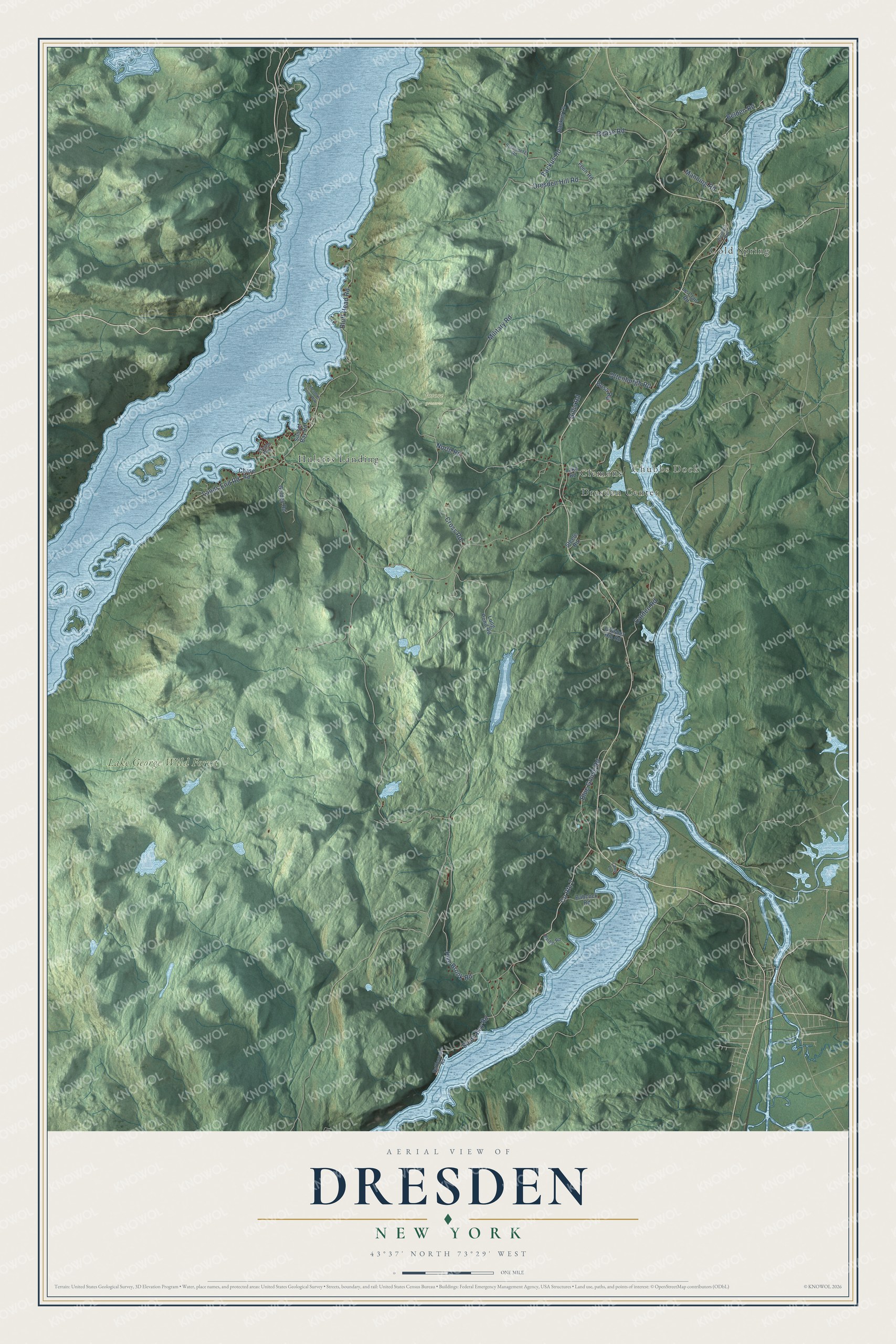 Detailed map of Dresden, New York, showing streets, buildings, neighborhoods, and parks