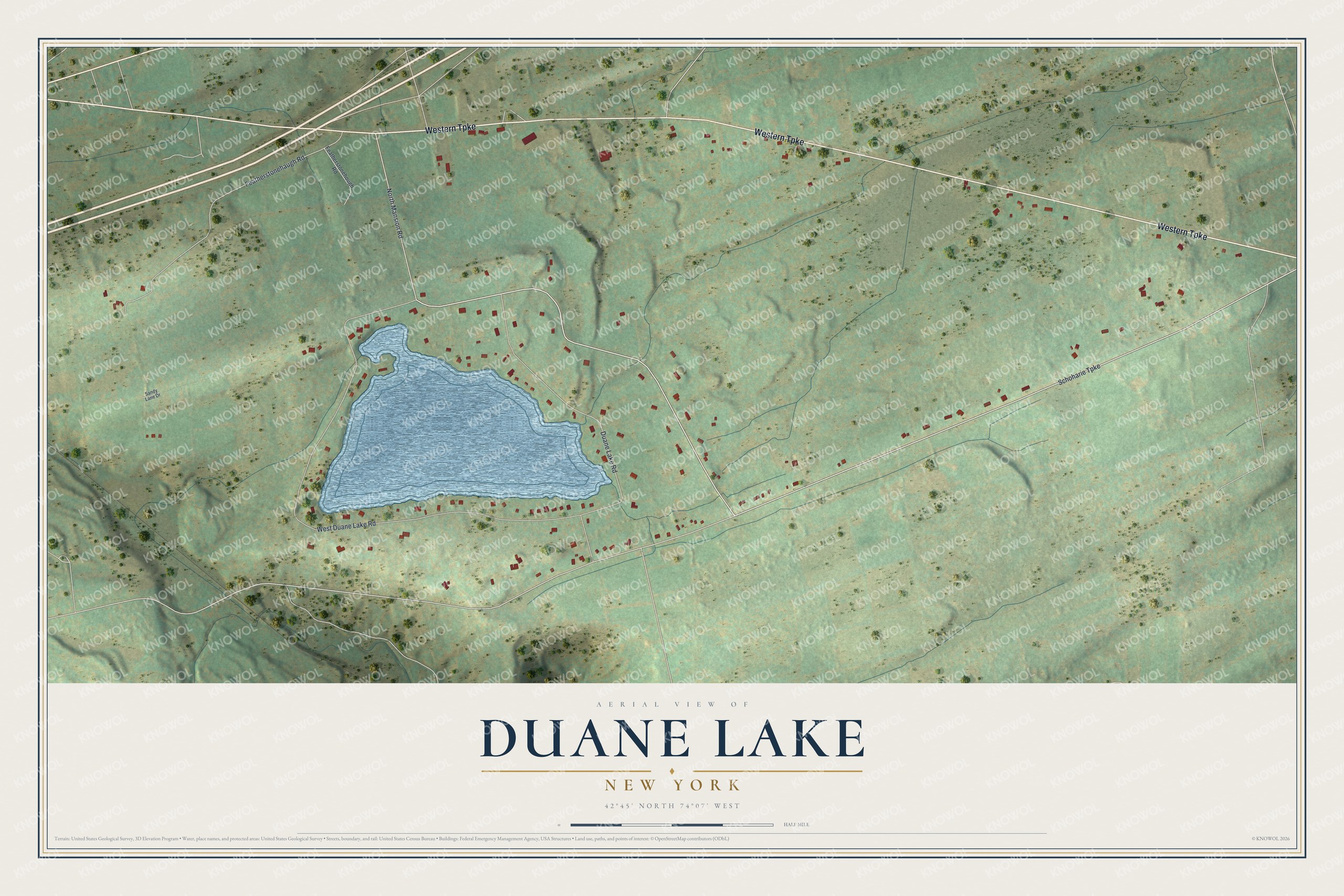 Full map of Duane Lake, New York, with red buildings, printed street names and the land around them