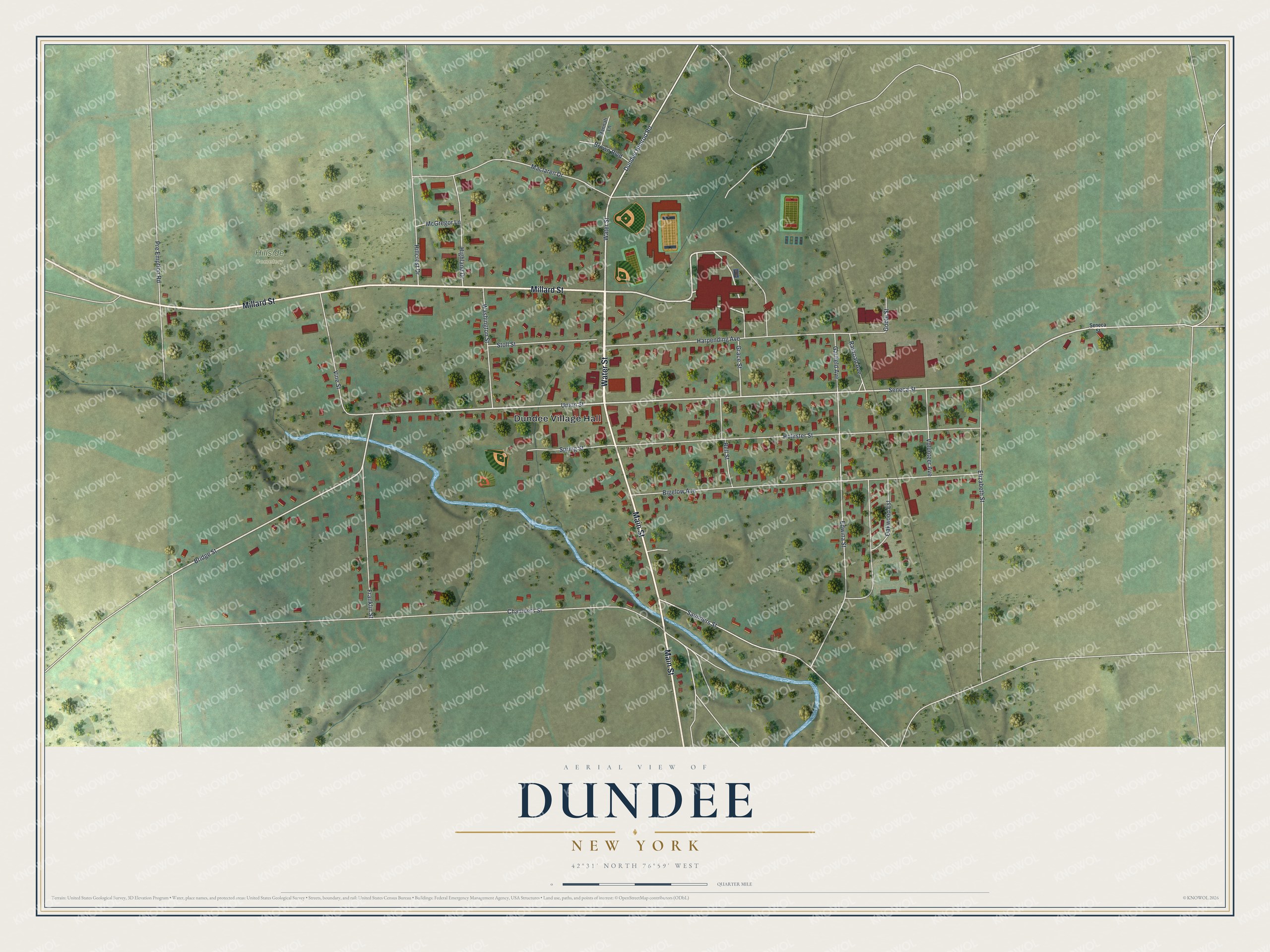 Full map of Dundee, New York, with red buildings, printed street names and the land around them