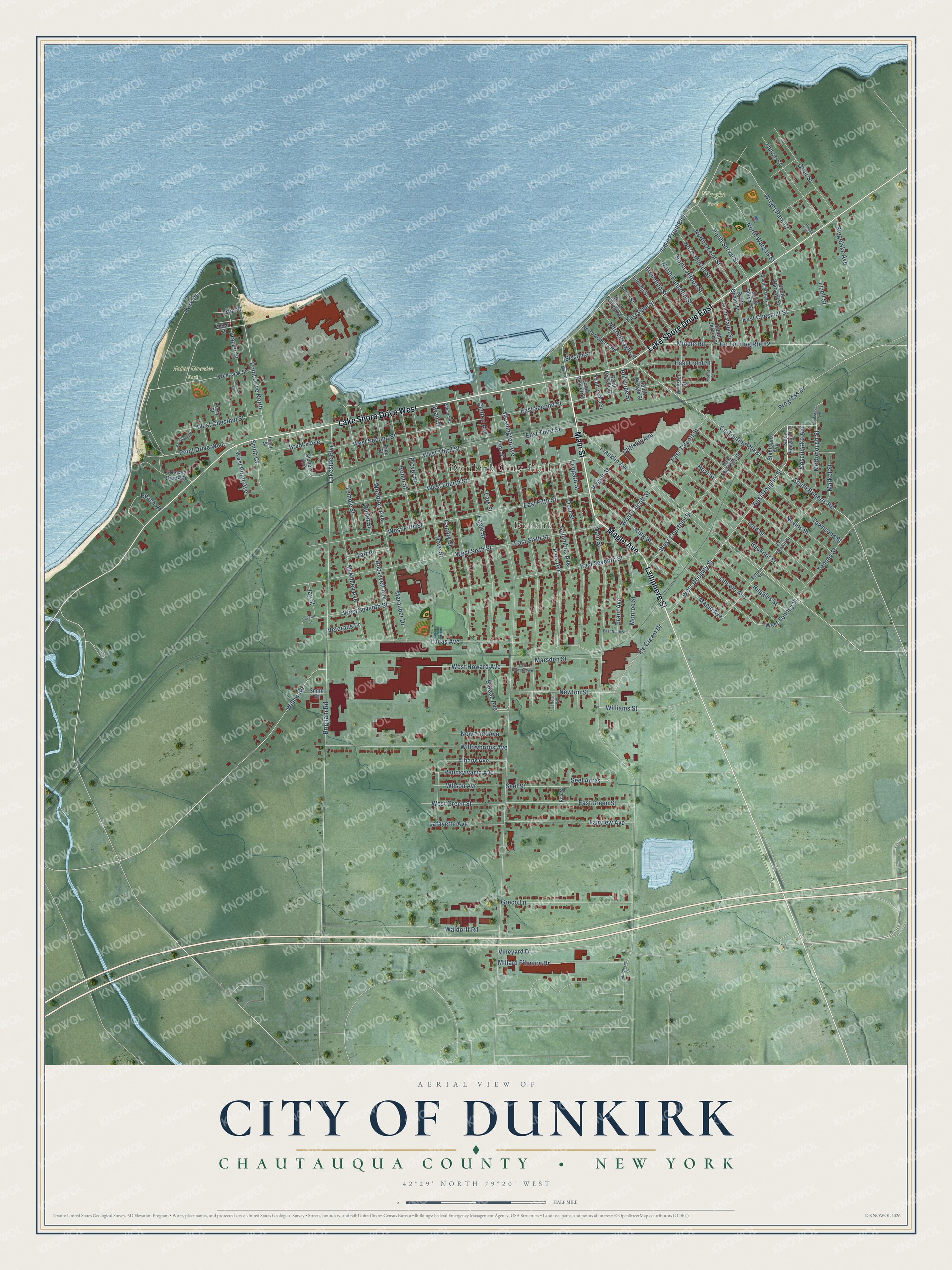 Detailed map of the City of Dunkirk, Chautauqua County, New York, showing streets, buildings, and parks