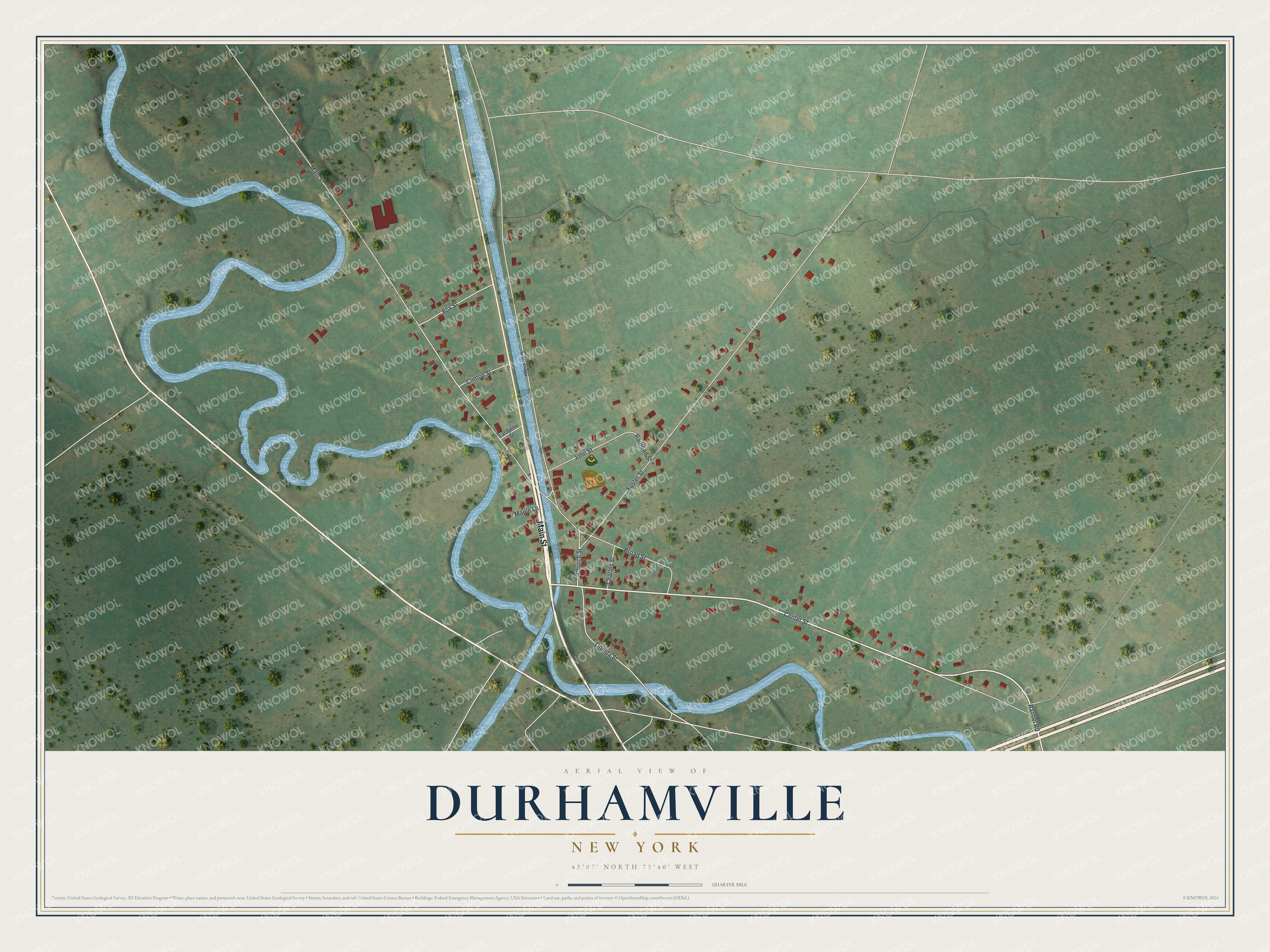 Full map of Durhamville, New York, with red buildings, printed street names and the land around them