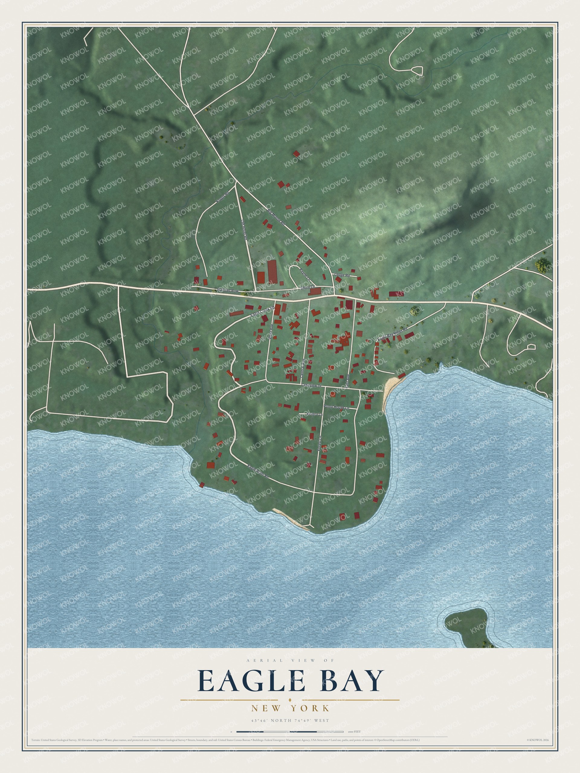 Full map of Eagle Bay, New York, with red buildings, printed street names and the land around them