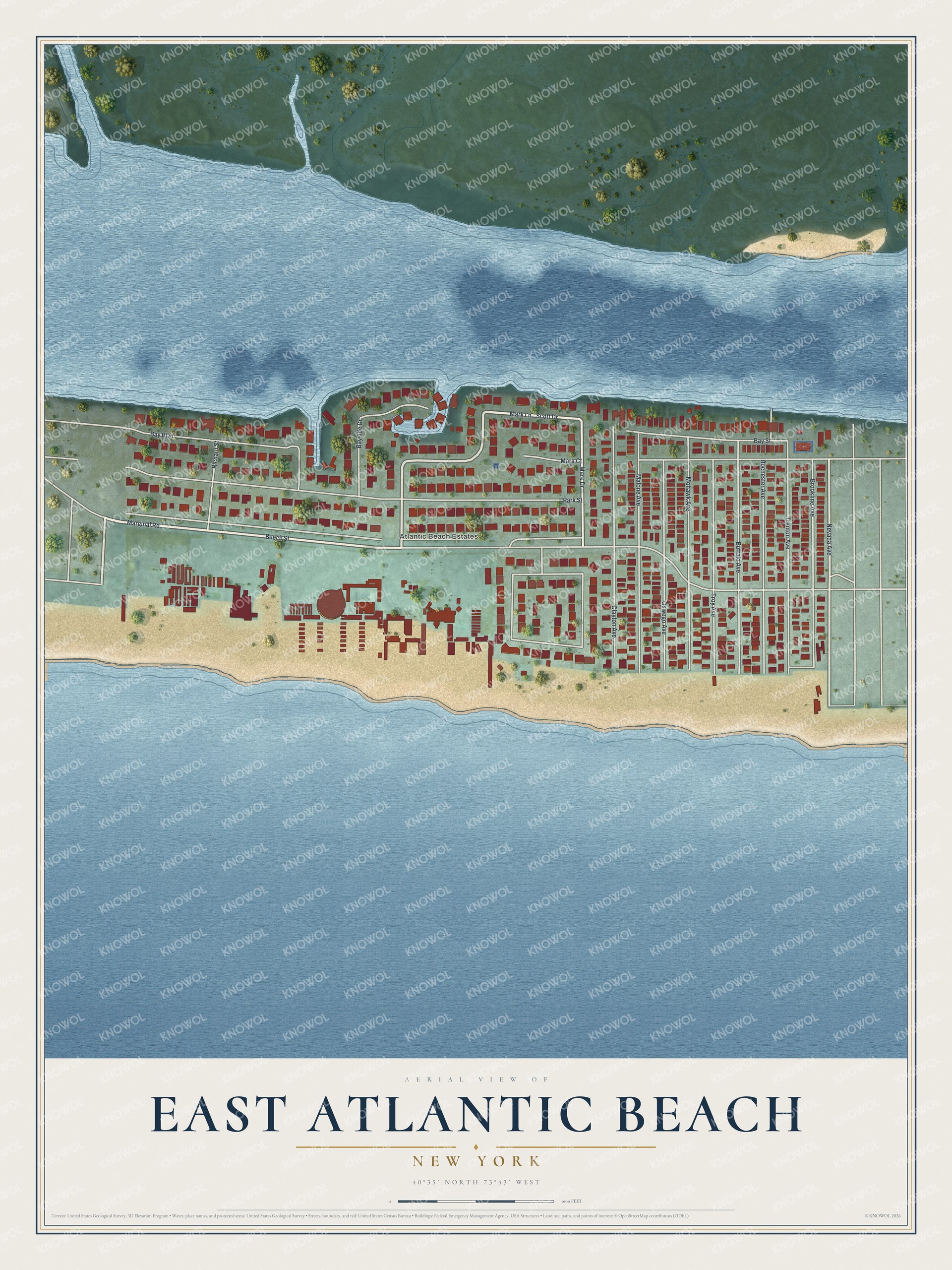 Full map of East Atlantic Beach, New York, with red buildings, printed street names and the land around them