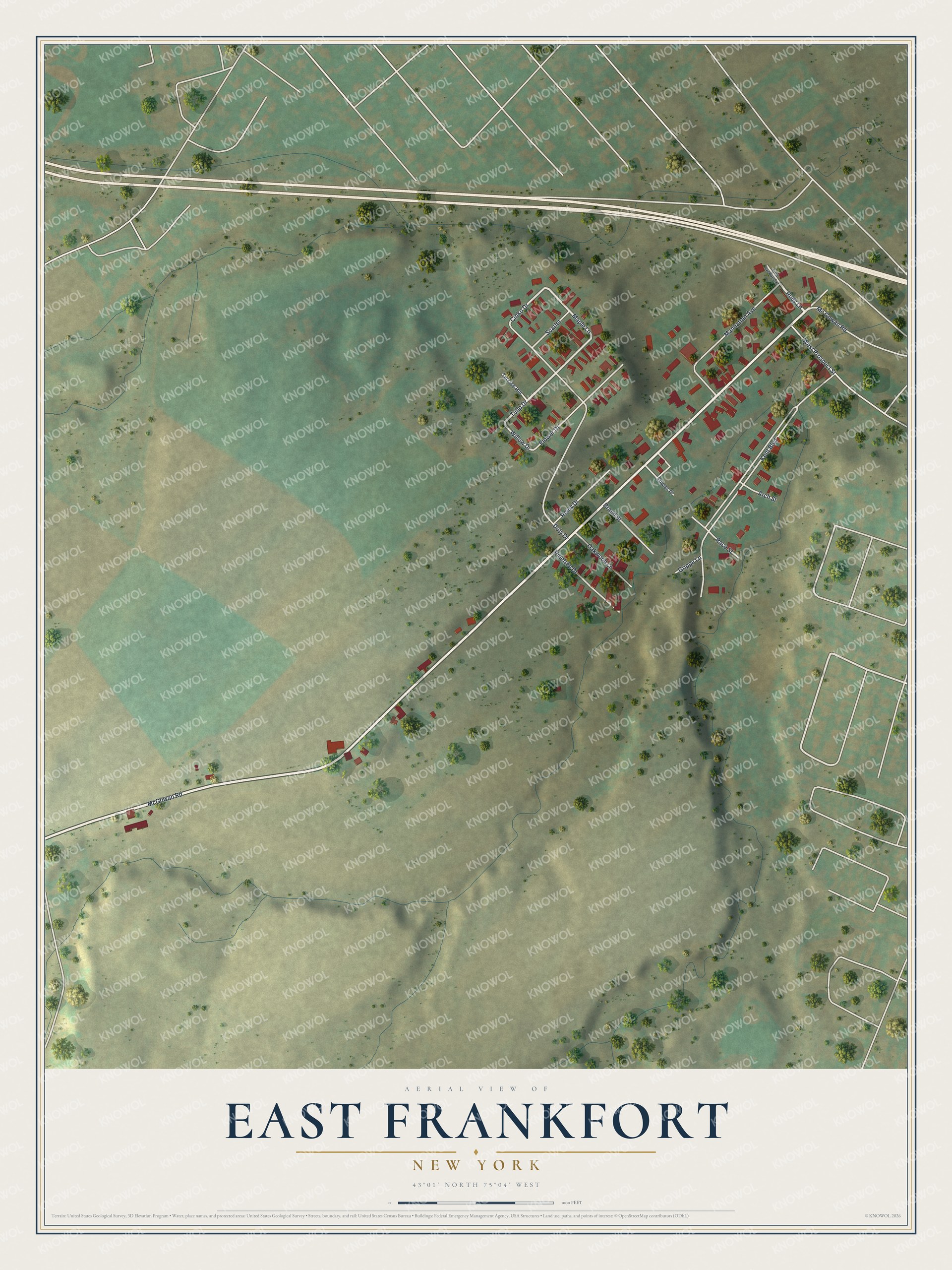 Full map of East Frankfort, New York, with red buildings, printed street names and the land around them