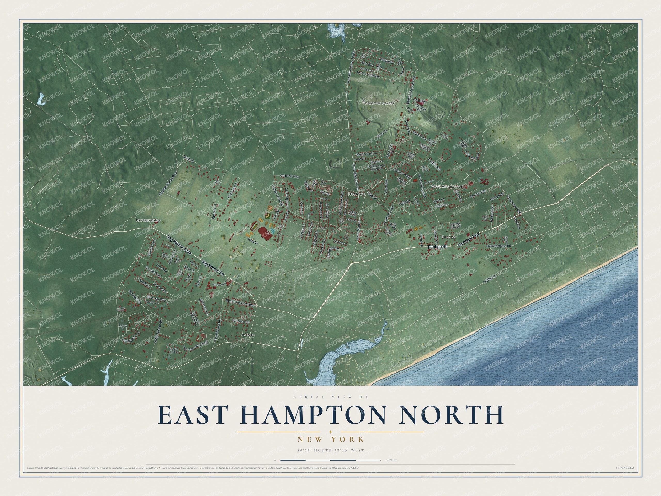 Full map of East Hampton North, New York, with red buildings, printed street names and the land around them