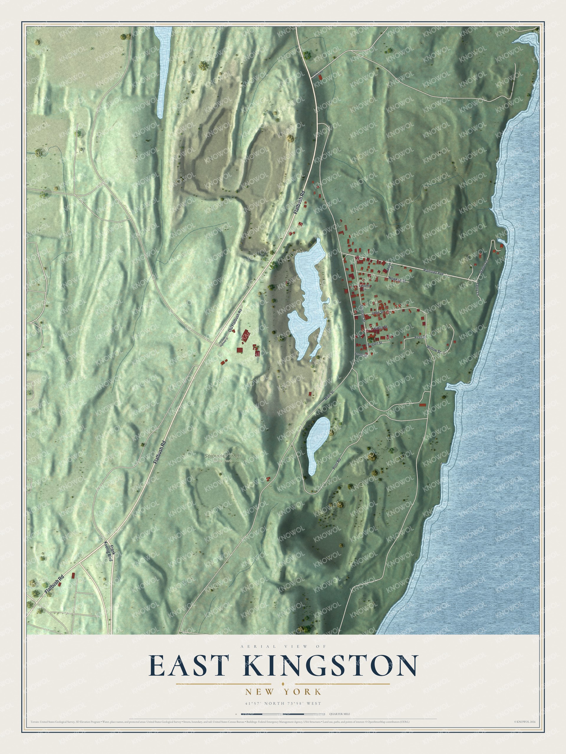 Full map of East Kingston, New York, with red buildings, printed street names and the land around them