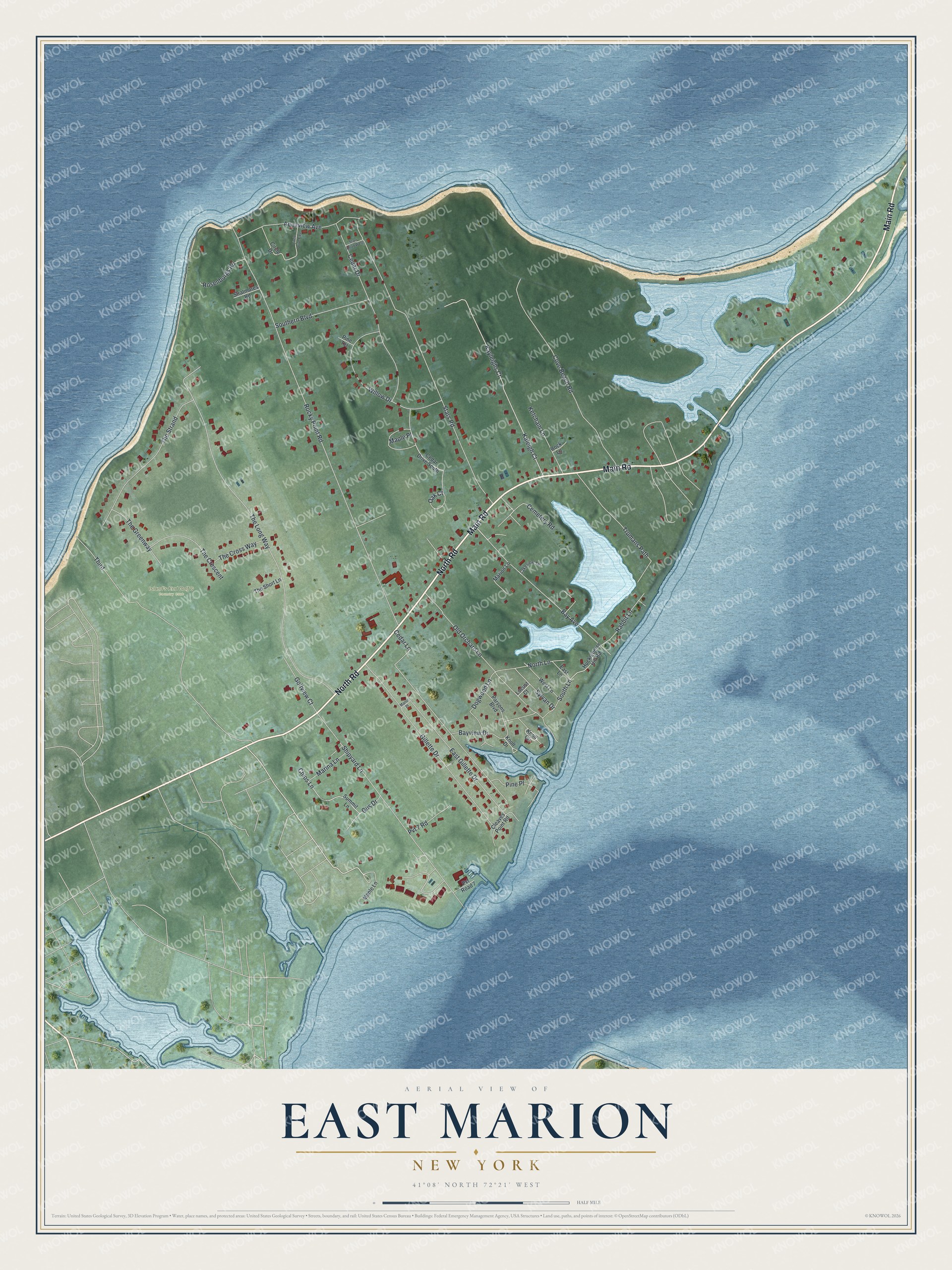 Full map of East Marion, New York, with red buildings, printed street names and the land around them