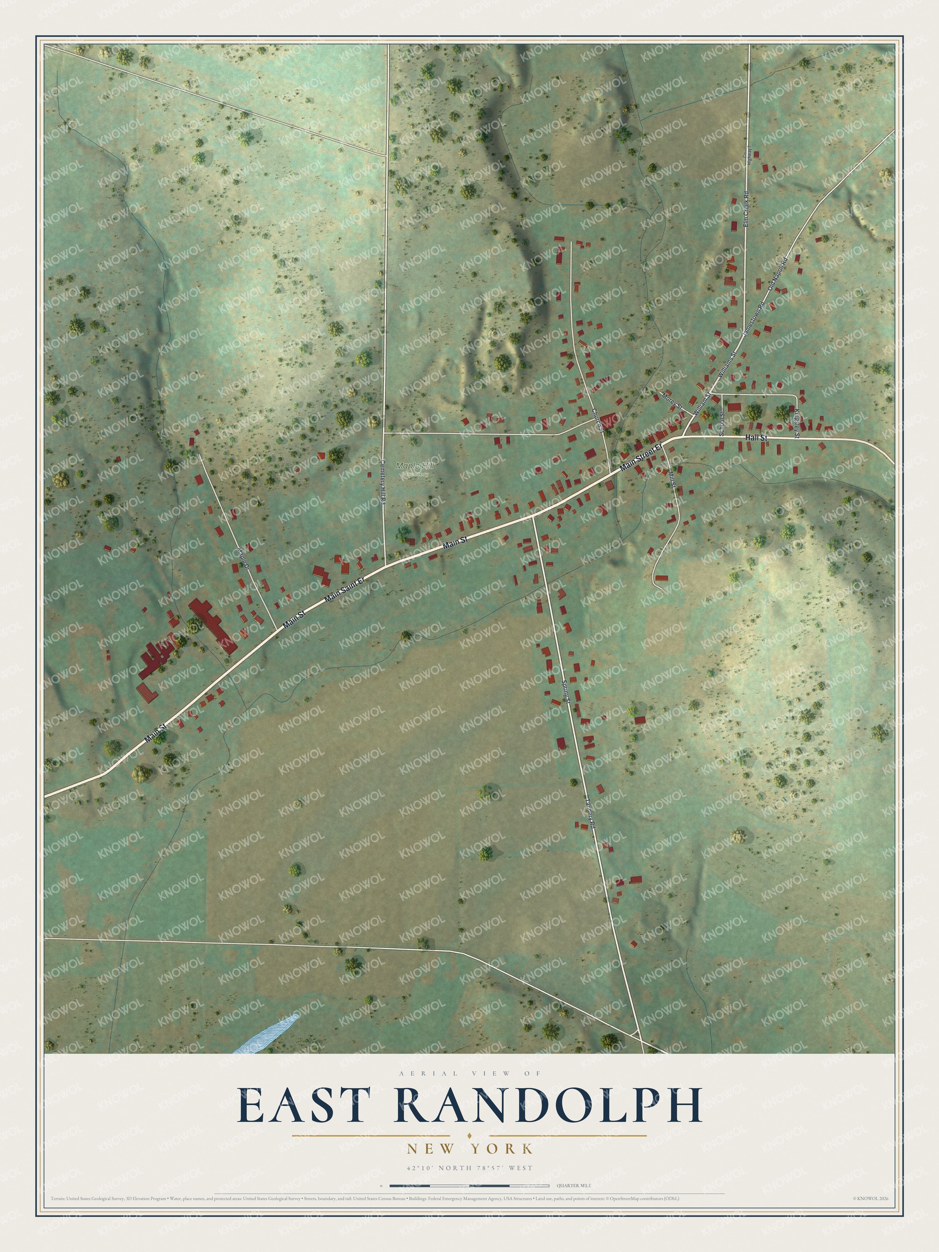Full map of East Randolph, New York, with red buildings, printed street names and the land around them
