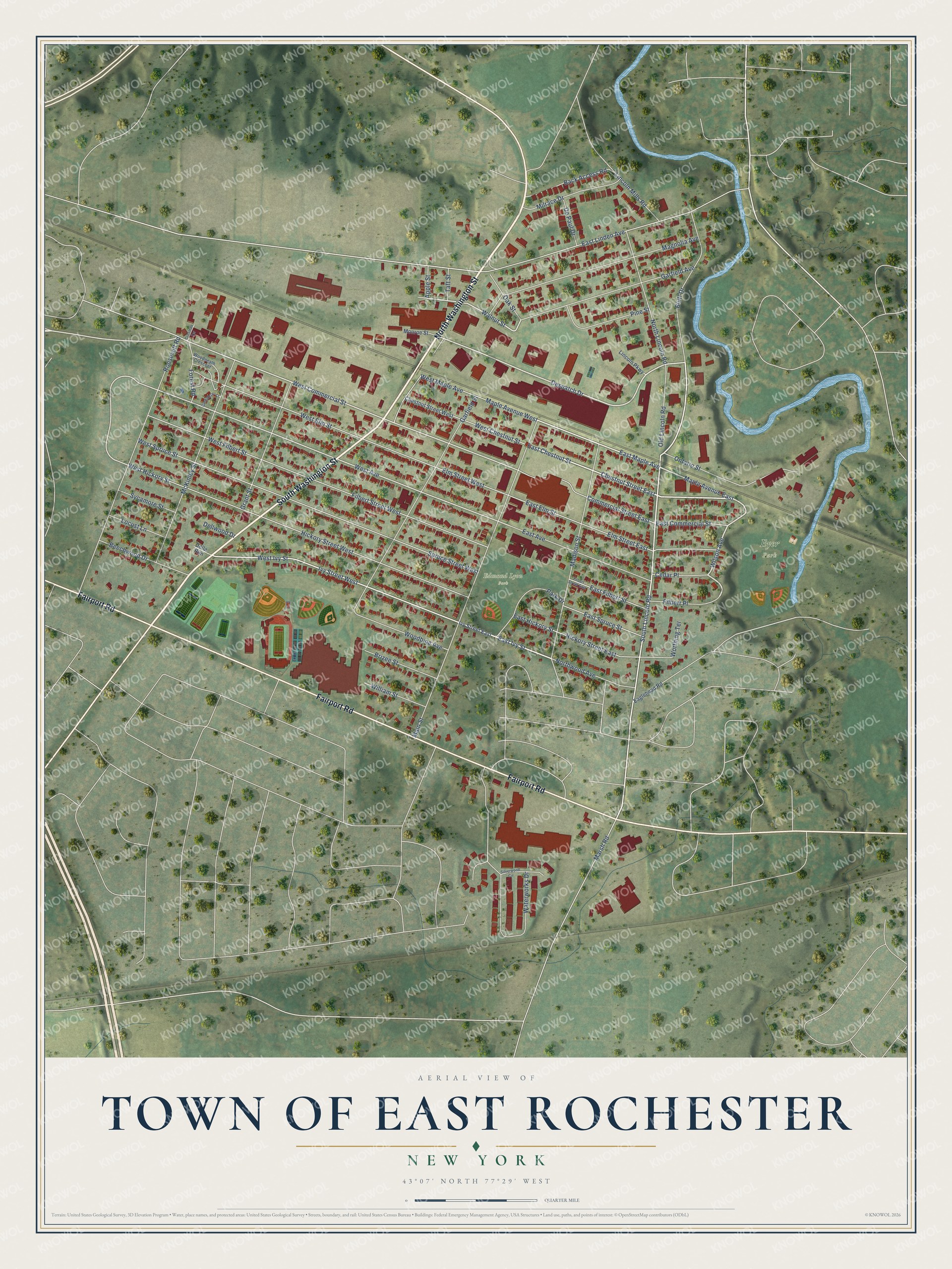 Detailed map of the Town of East Rochester, New York, showing streets, buildings, and parks