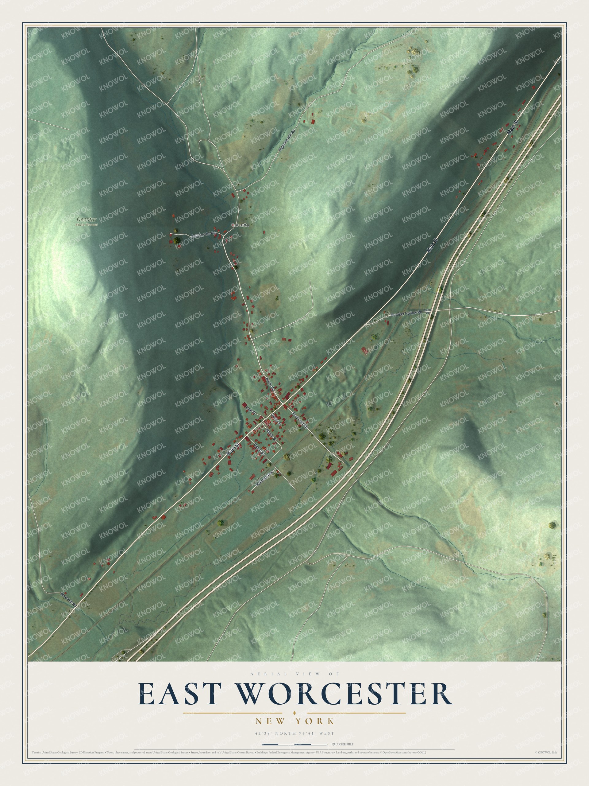 Full map of East Worcester, New York, with red buildings, printed street names and the land around them