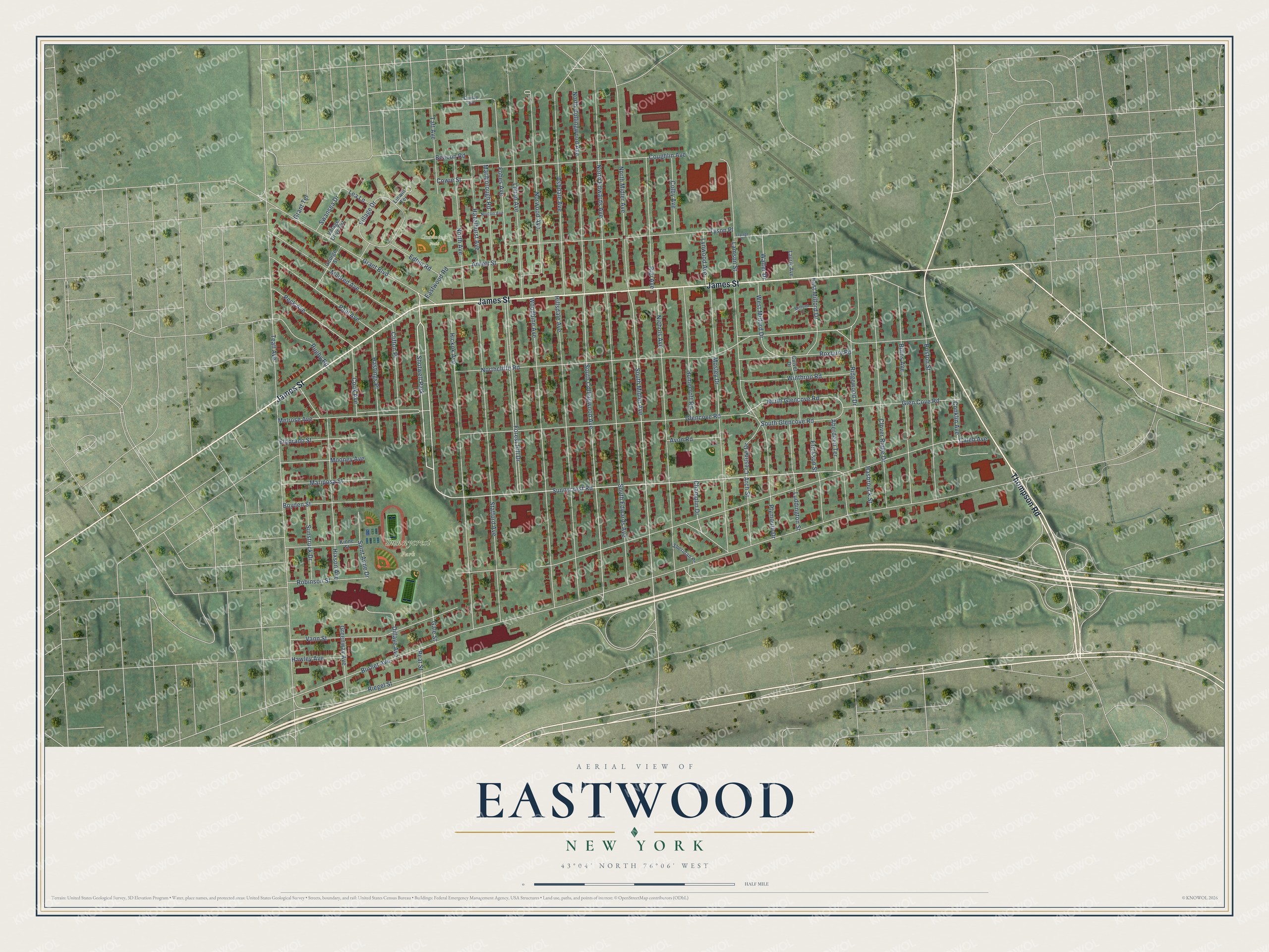 Full map of Eastwood, New York, with red buildings, printed street names and the land around them