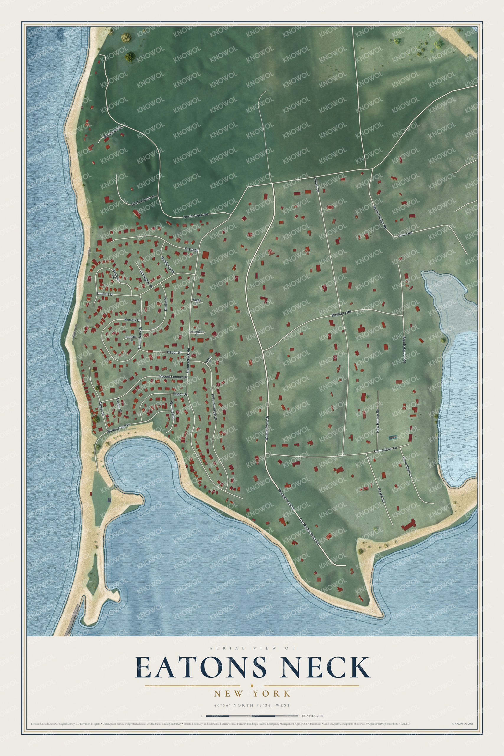 Full map of Eatons Neck, New York, with red buildings, printed street names and the land around them