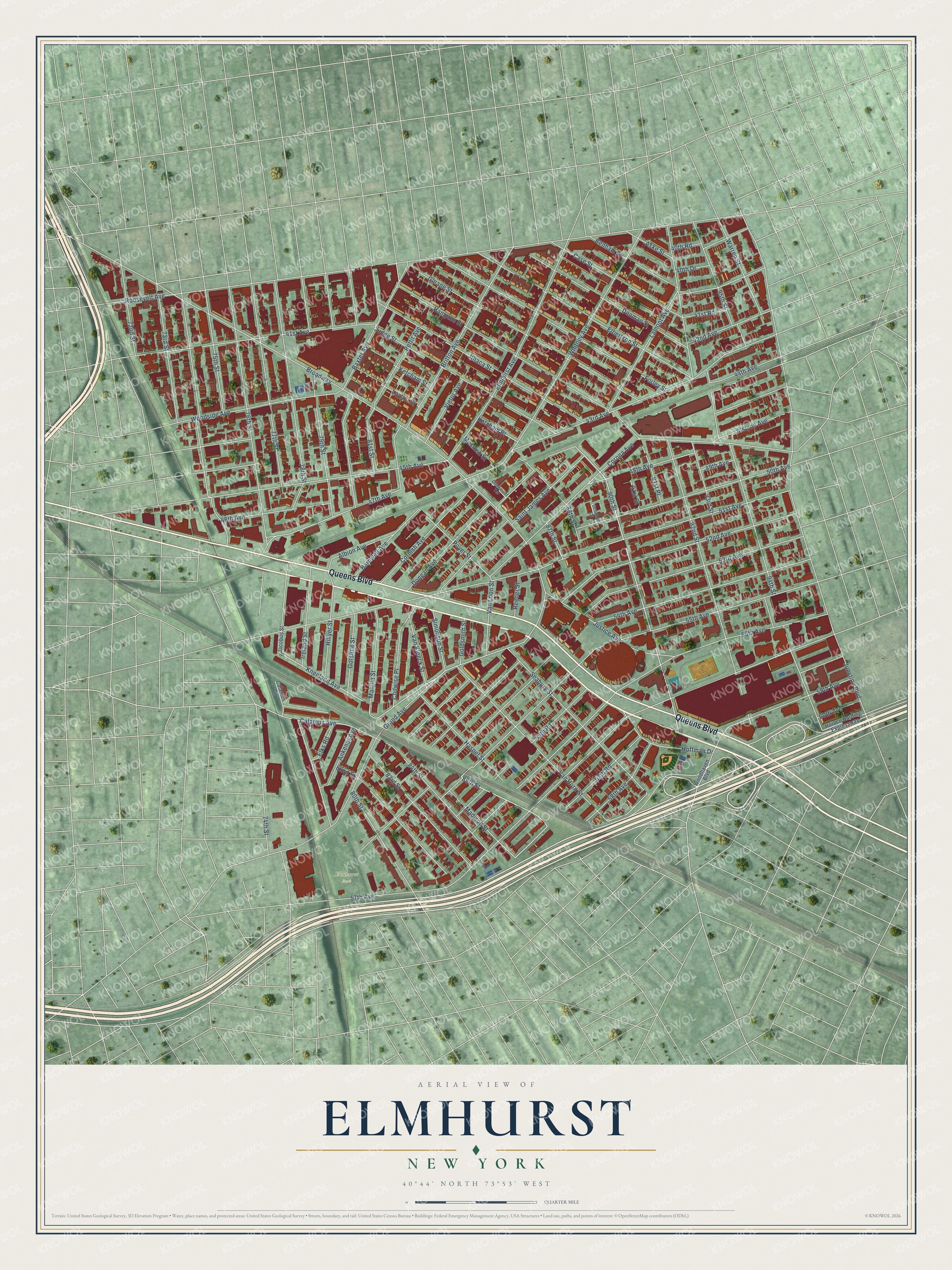 Full map of Elmhurst, New York, with red buildings, printed street names and the land around them
