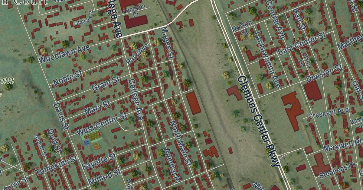 Close-up of streets and buildings in the City of Elmira, Chemung County, New York