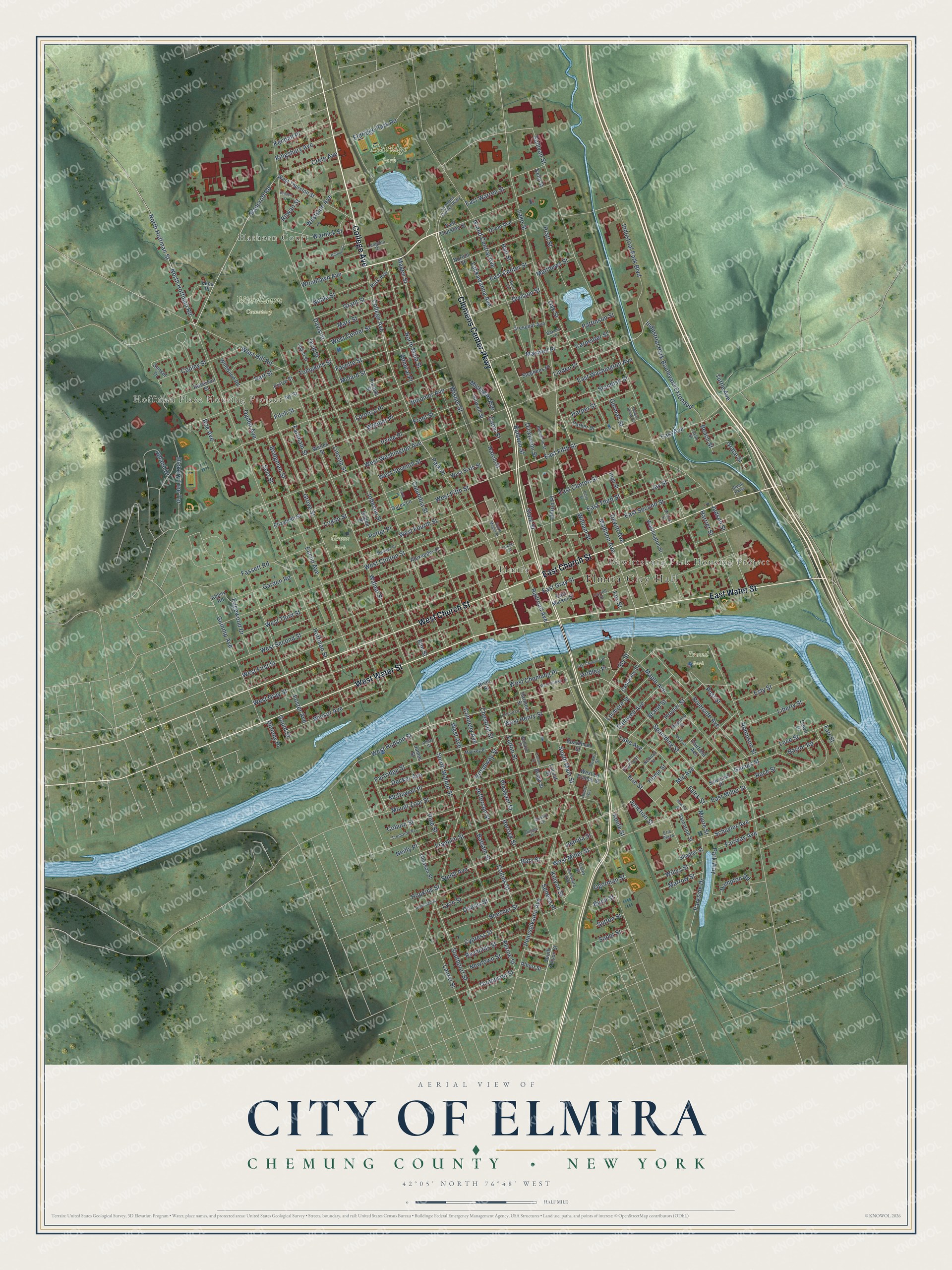 Detailed map of the City of Elmira, Chemung County, New York, showing streets, buildings, neighborhoods, and parks