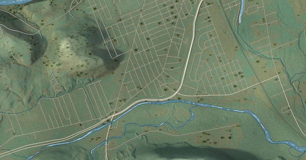 Close-up of streets and buildings in the Town of Elmira, Chemung County, New York