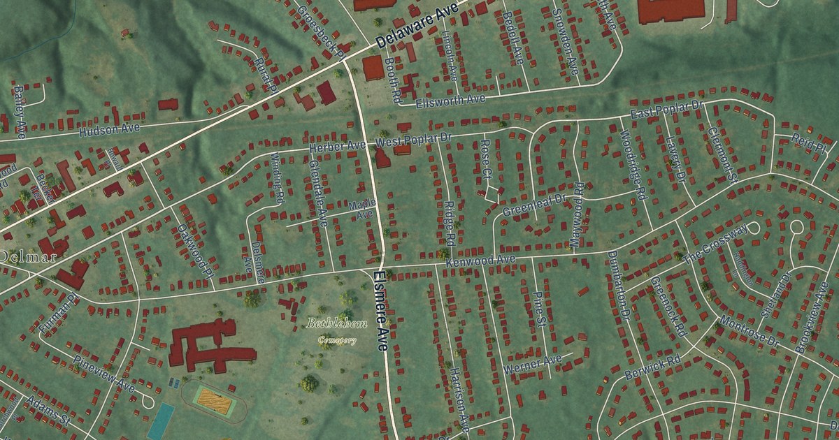 Close-up of streets and buildings in Elsmere, New York