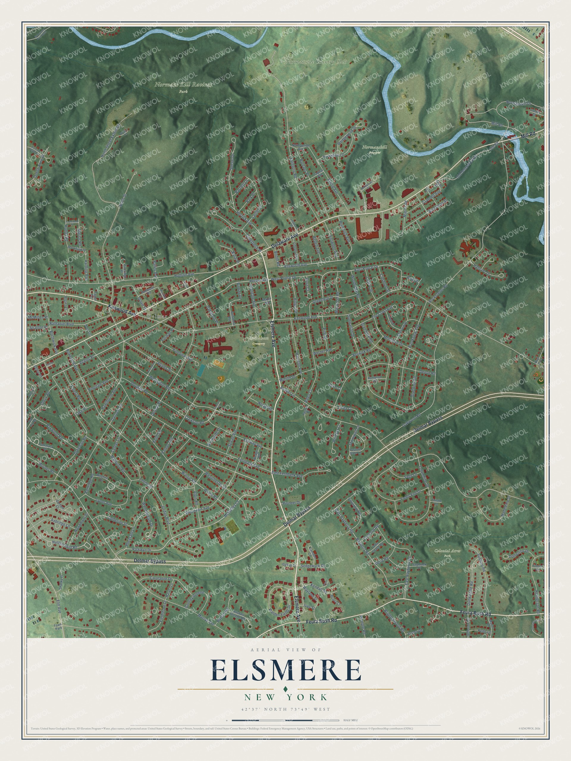 Full map of Elsmere, New York, with red buildings, printed street names and the land around them
