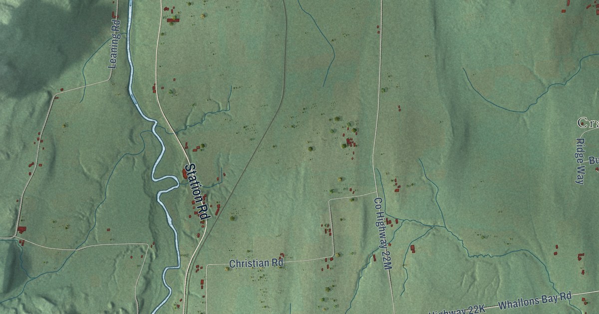 Close-up of streets and buildings in Essex, New York