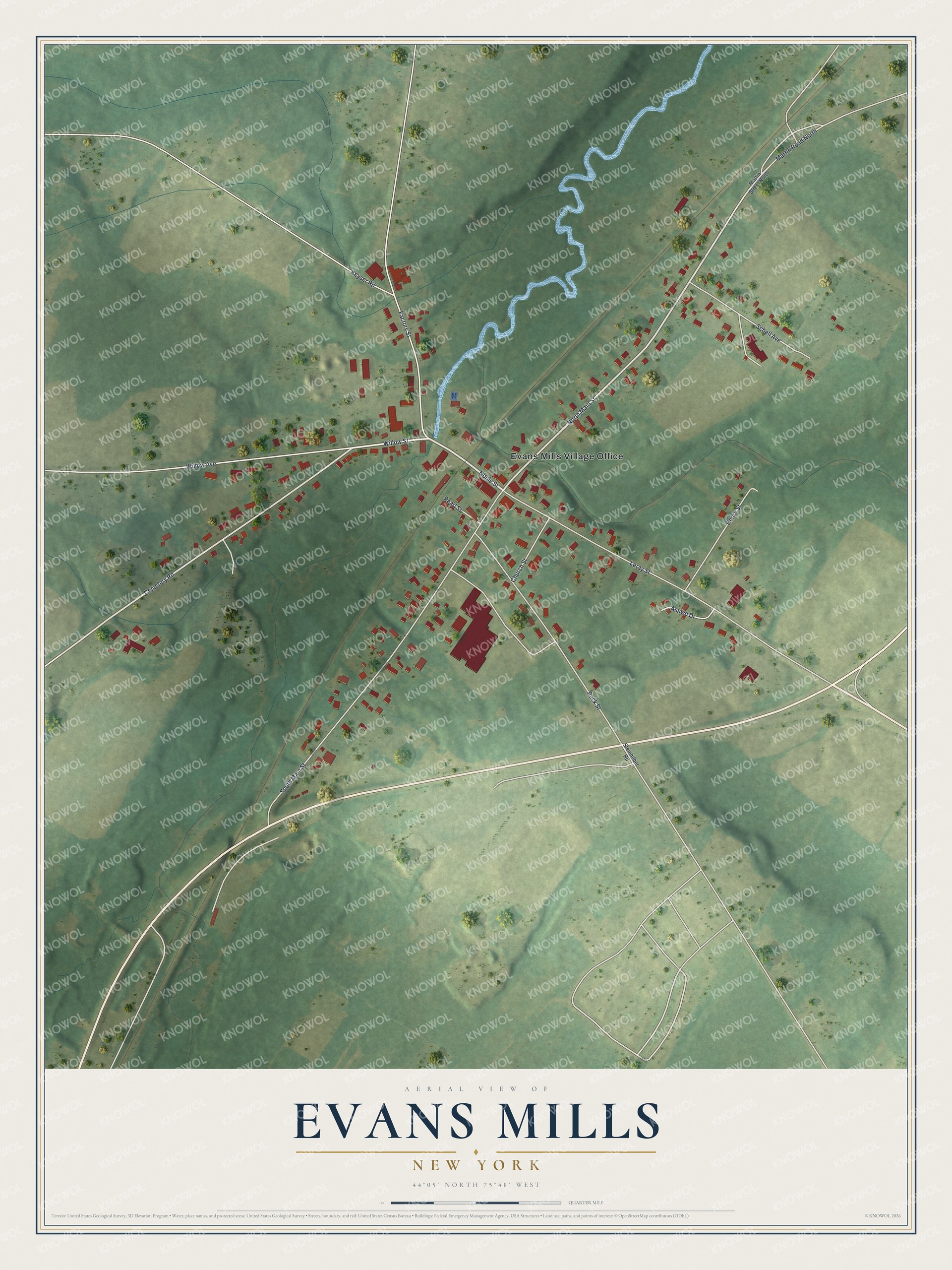 Full map of Evans Mills, New York, with red buildings, printed street names and the land around them