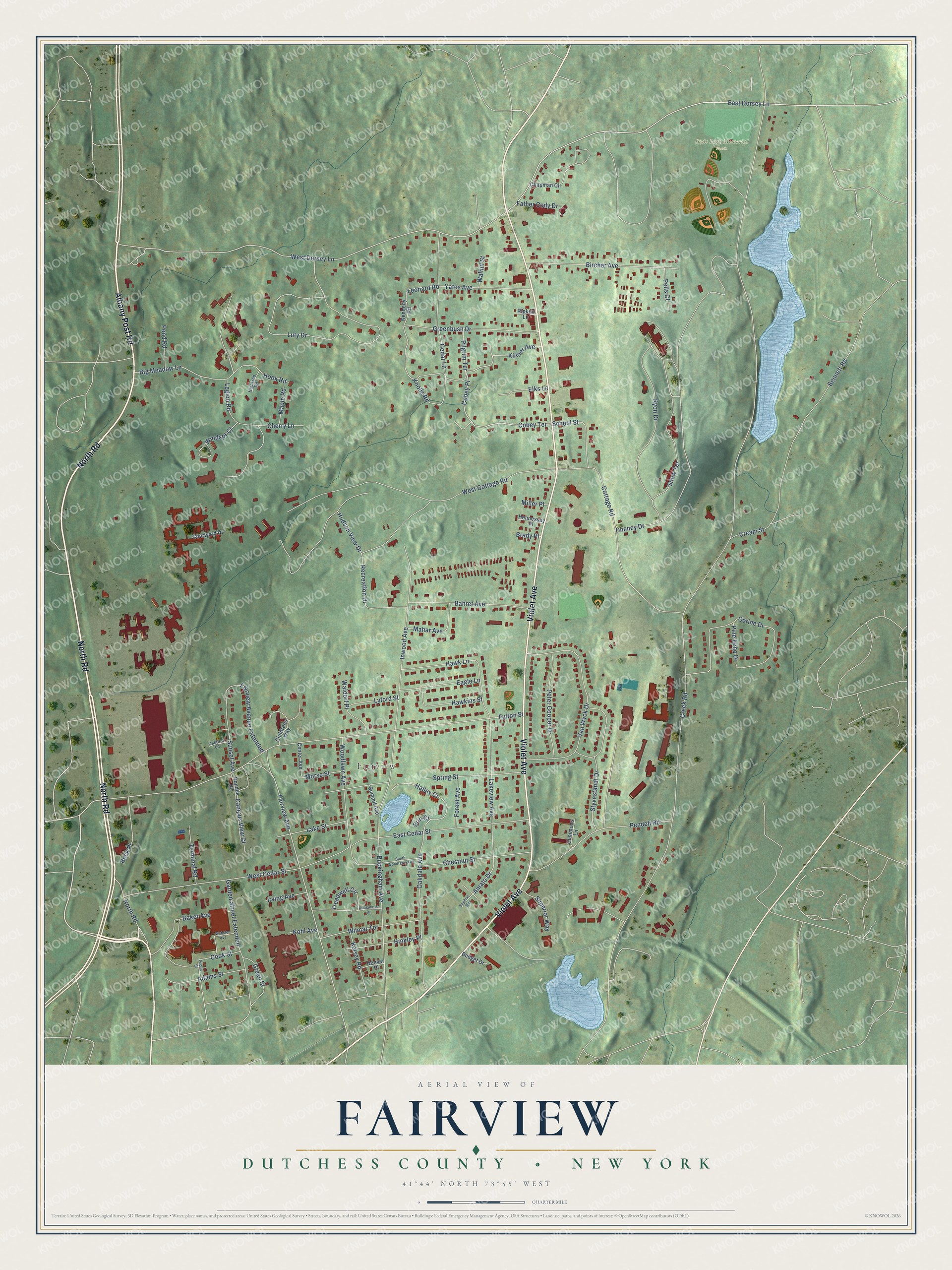 Detailed map of Fairview, New York, showing streets, buildings, and parks