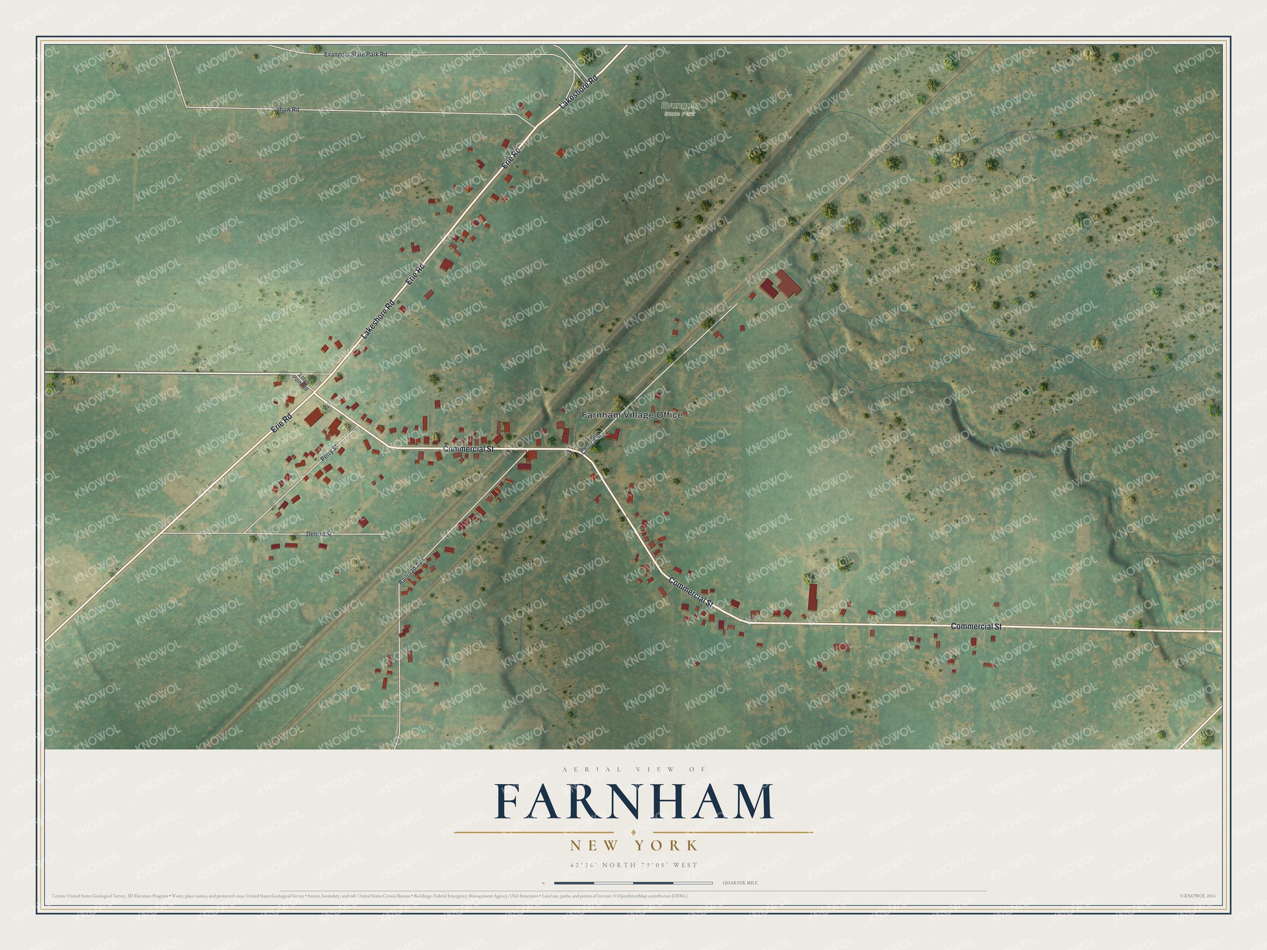 Full map of Farnham, New York, with red buildings, printed street names and the land around them