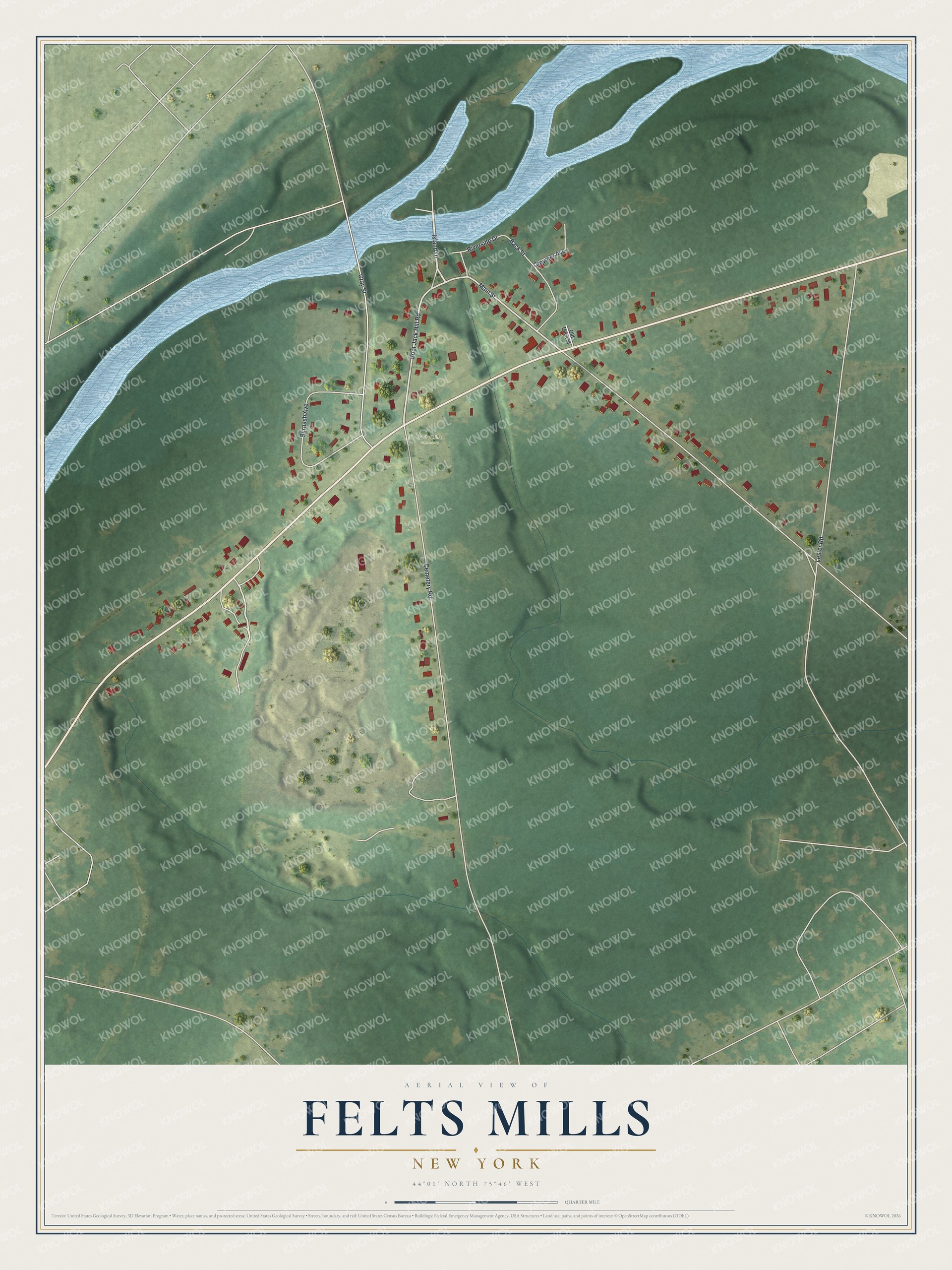 Full map of Felts Mills, New York, with red buildings, printed street names and the land around them