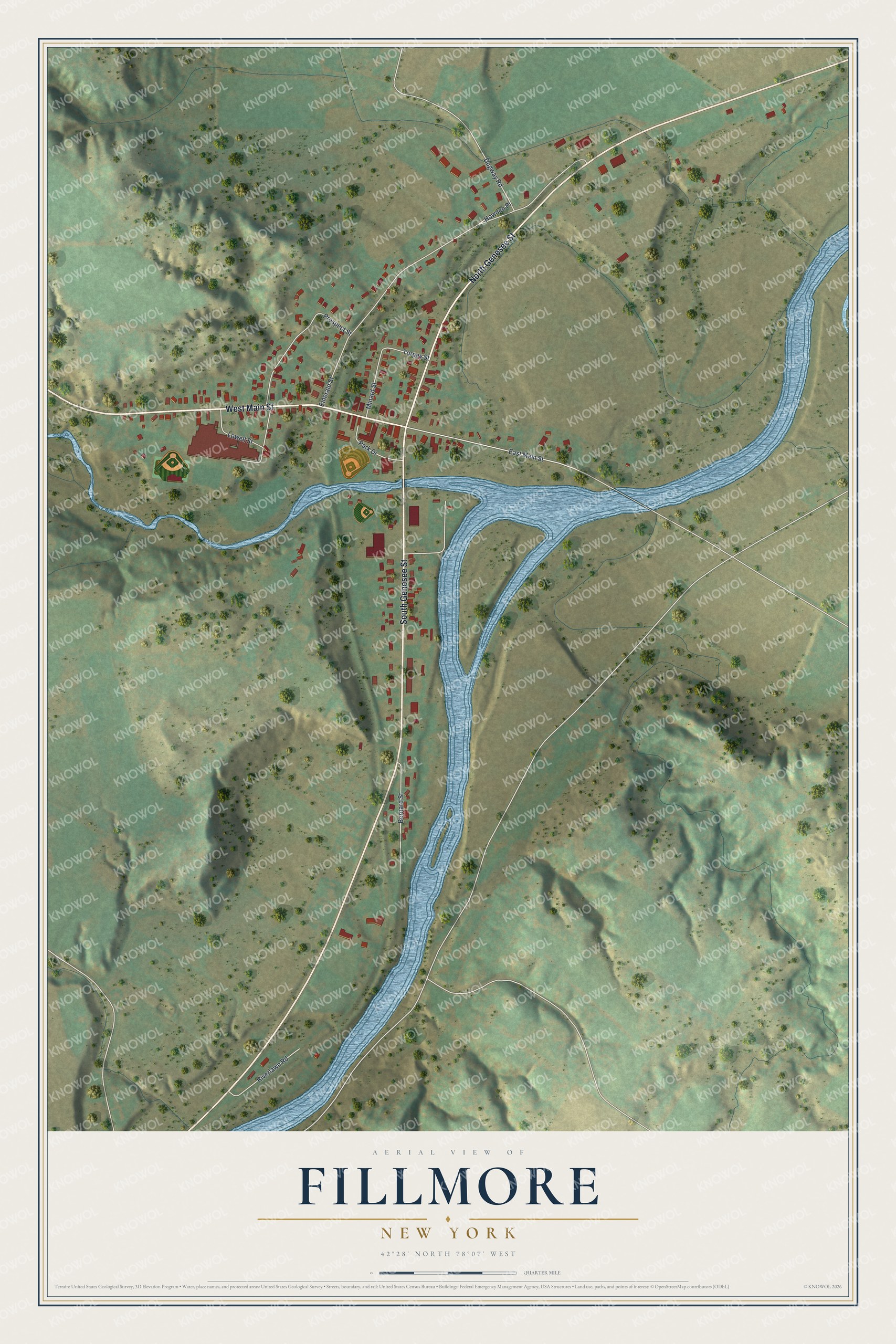 Full map of Fillmore, New York, with red buildings, printed street names and the land around them