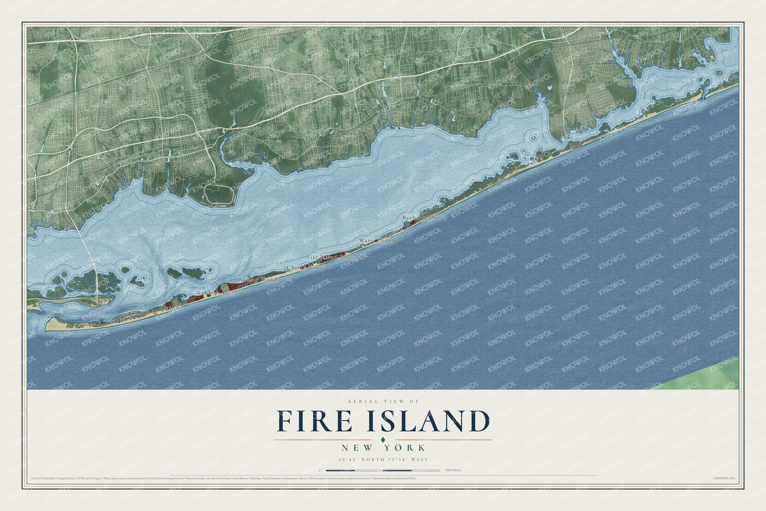 Detailed map of Fire Island, New York, showing streets, buildings, neighborhoods, and beaches