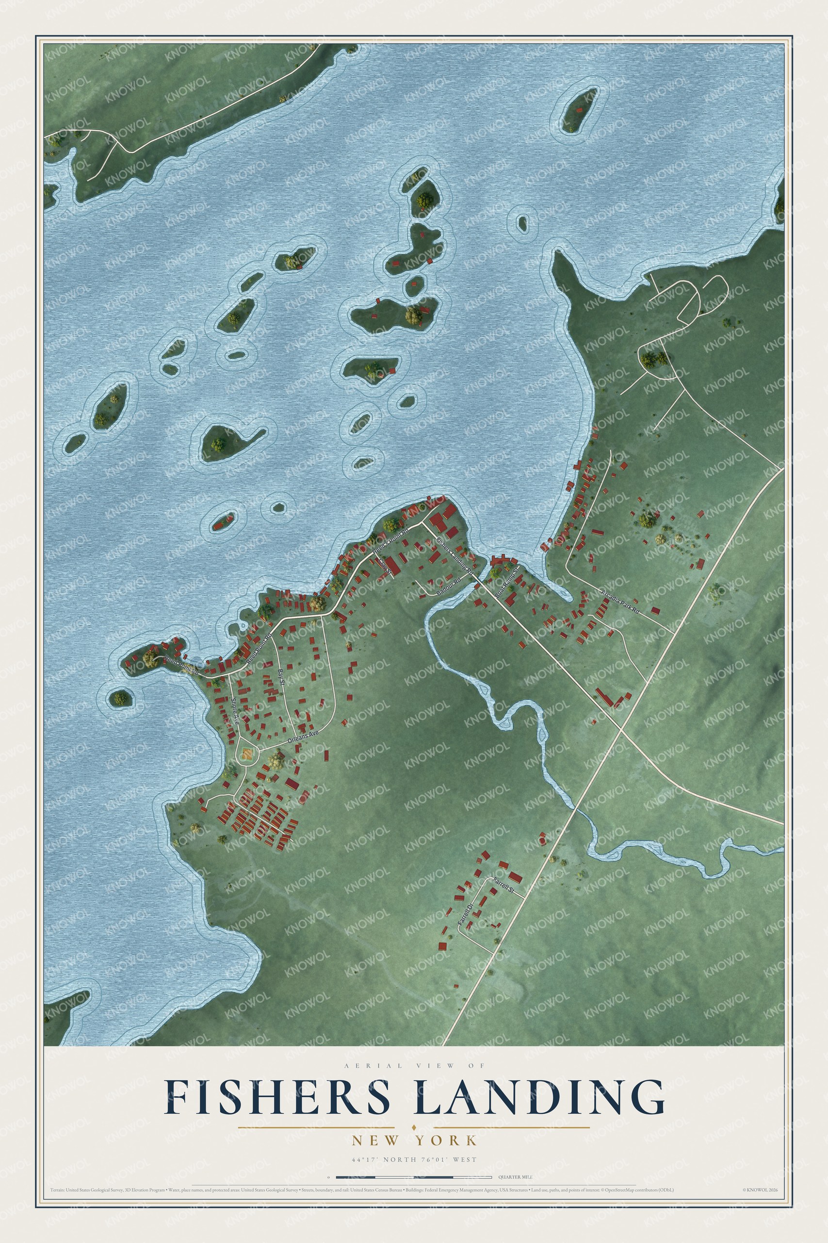Full map of Fishers Landing, New York, with red buildings, printed street names and the land around them