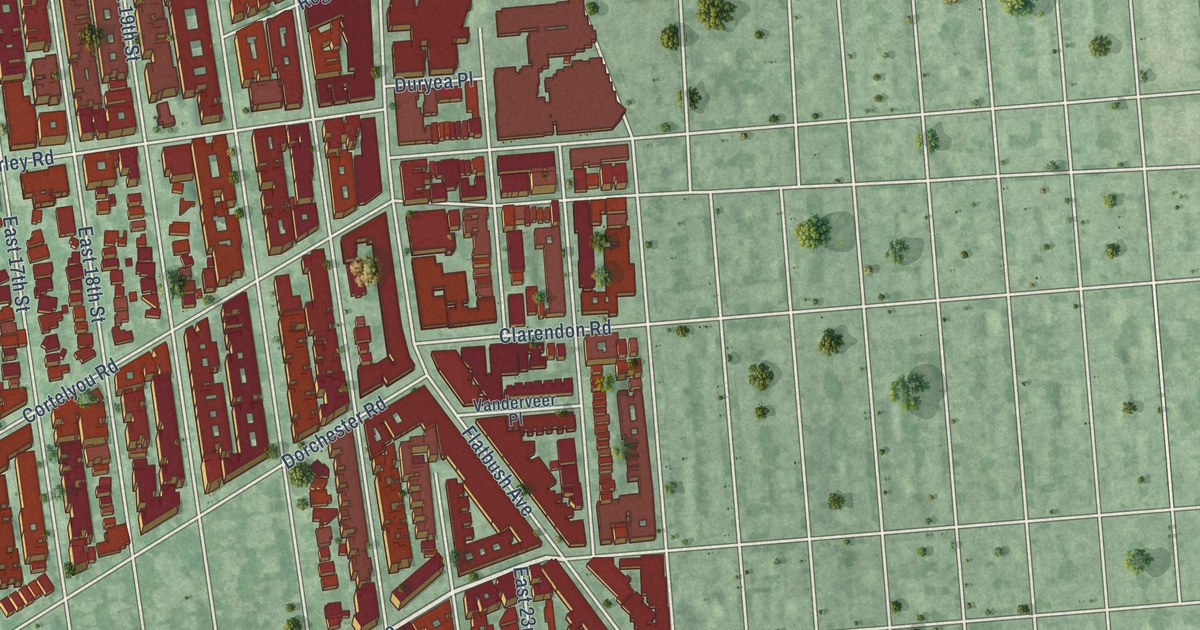 Close-up of streets and buildings in Flatbush, New York