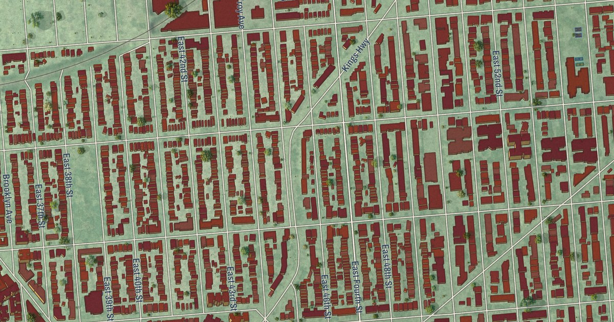Close-up of streets and buildings in Flatlands, New York