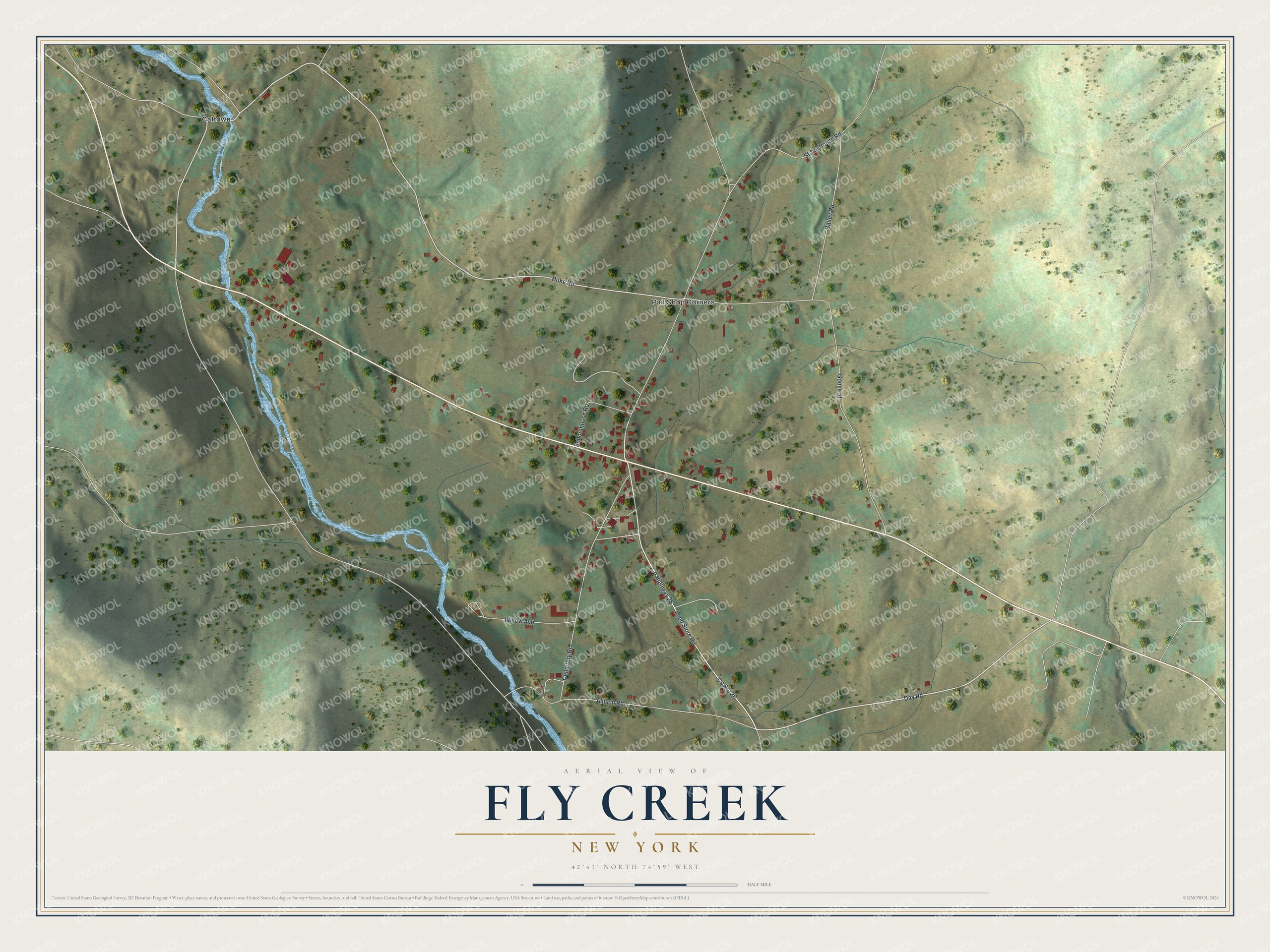 Full map of Fly Creek, New York, with red buildings, printed street names and the land around them