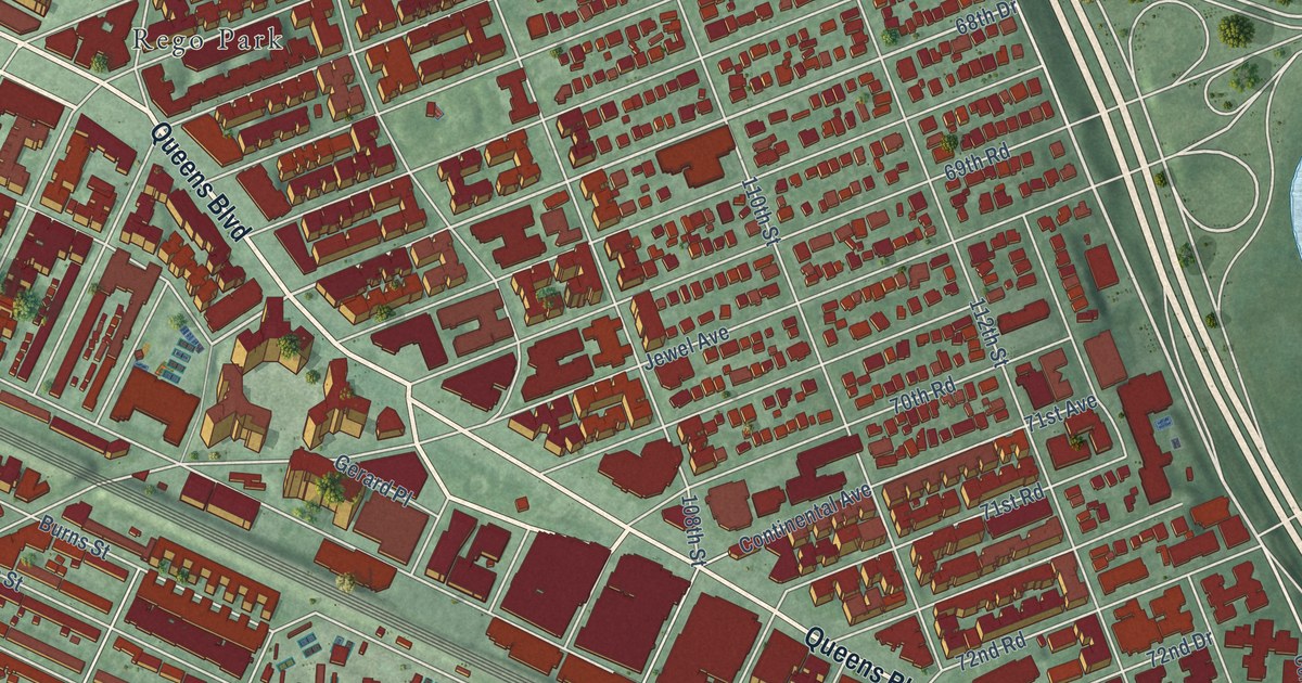 Close-up of streets and buildings in Forest Hills, New York