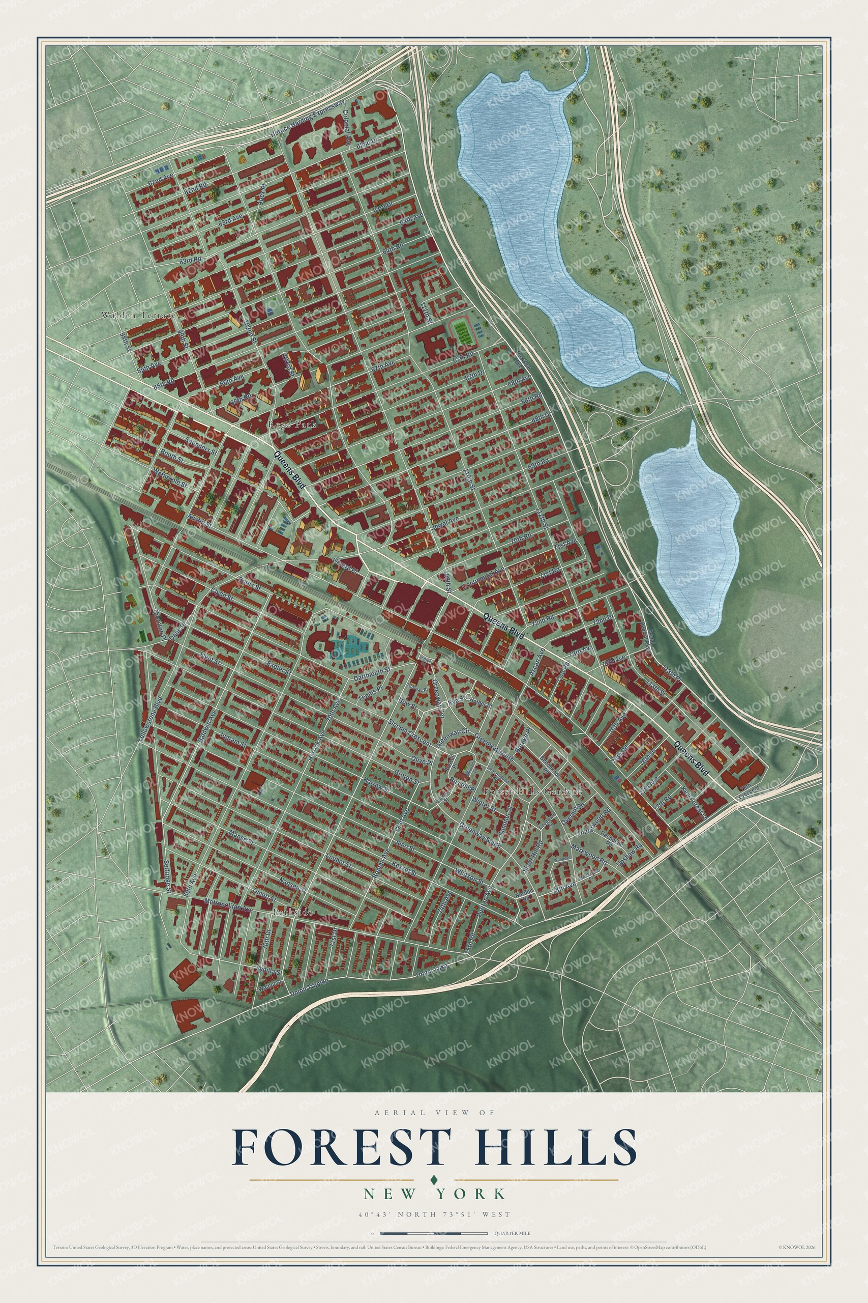 Full map of Forest Hills, New York, with red buildings, printed street names and the land around them