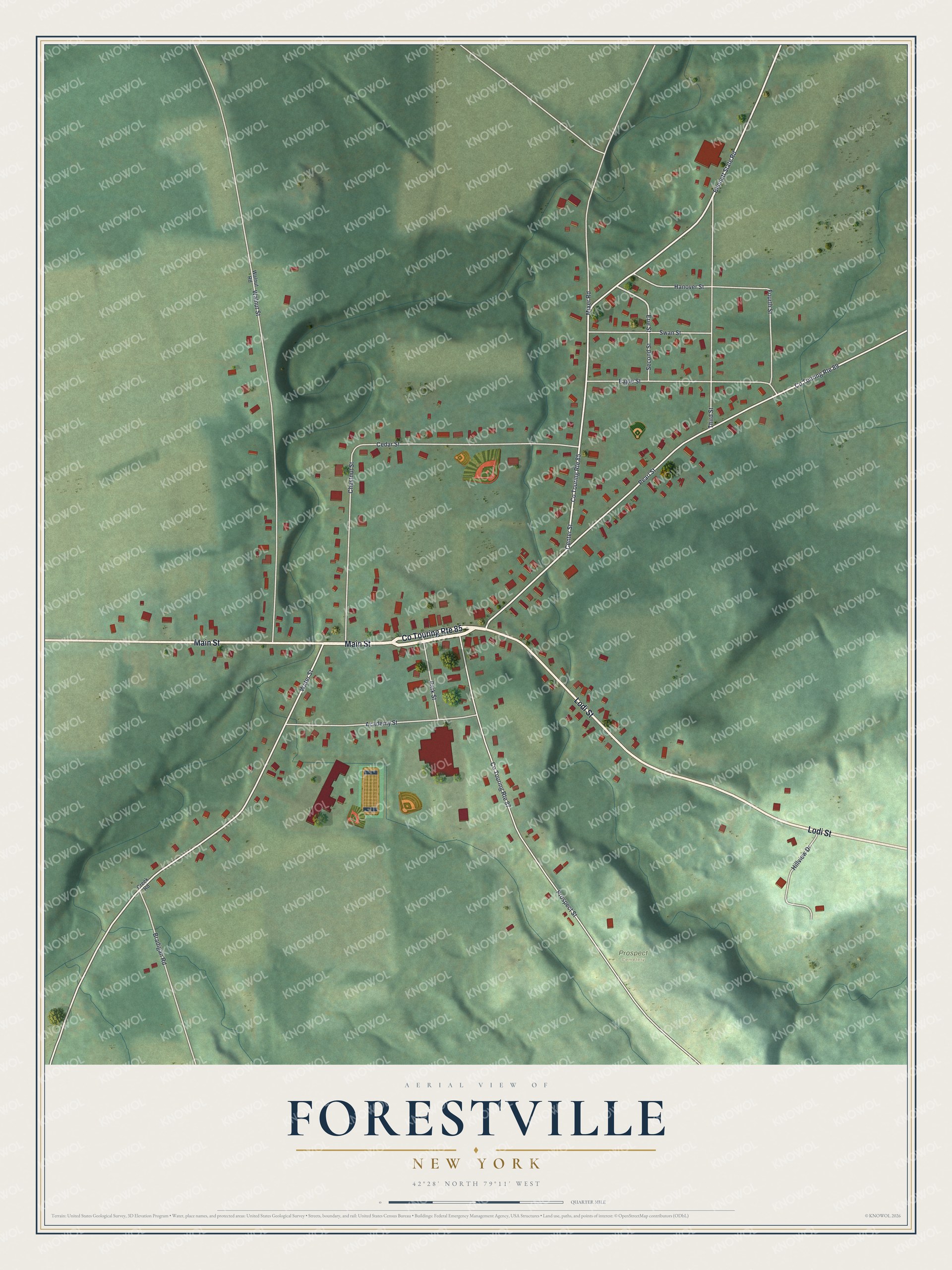 Full map of Forestville, New York, with red buildings, printed street names and the land around them