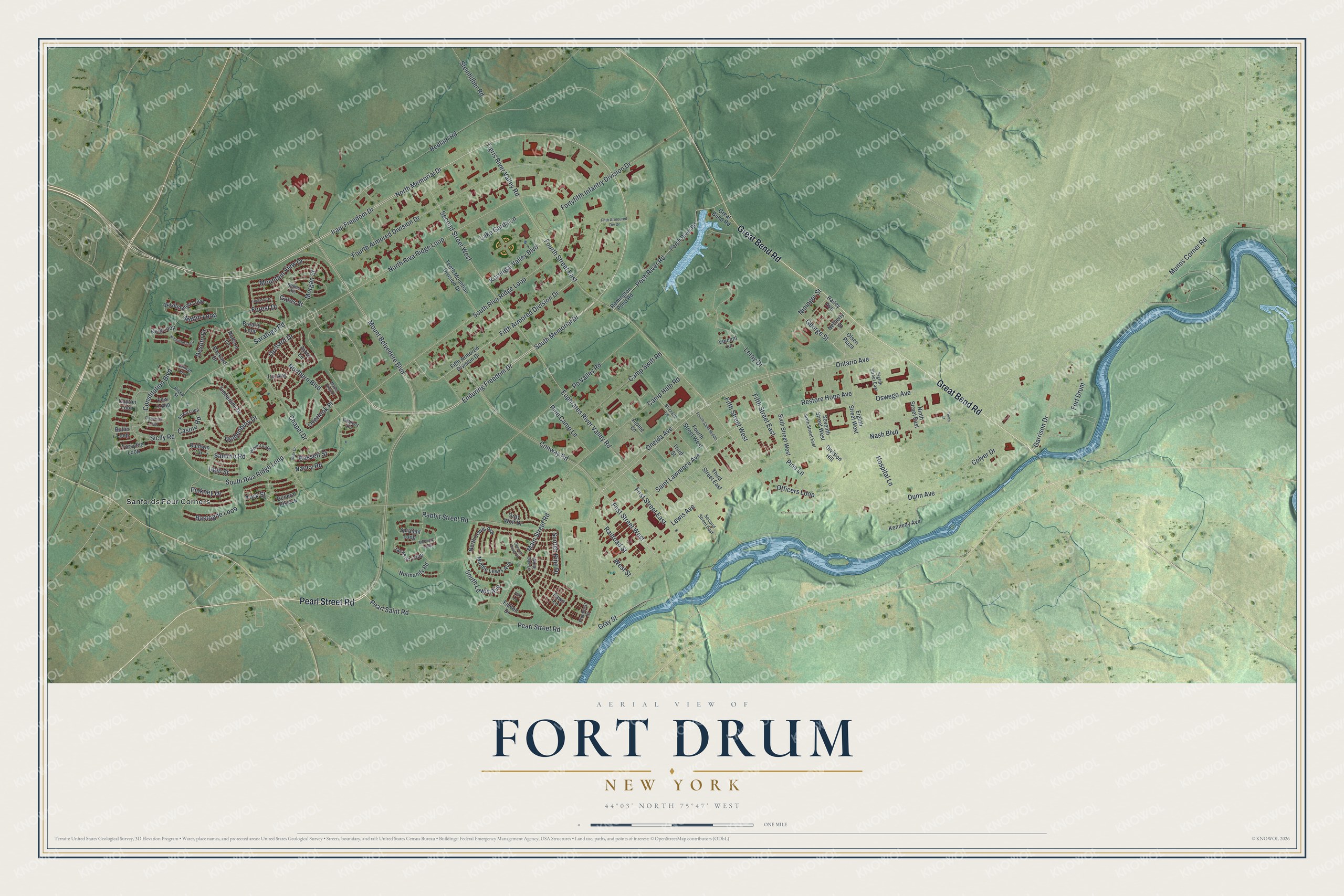 Full map of Fort Drum, New York, with red buildings, printed street names and the land around them