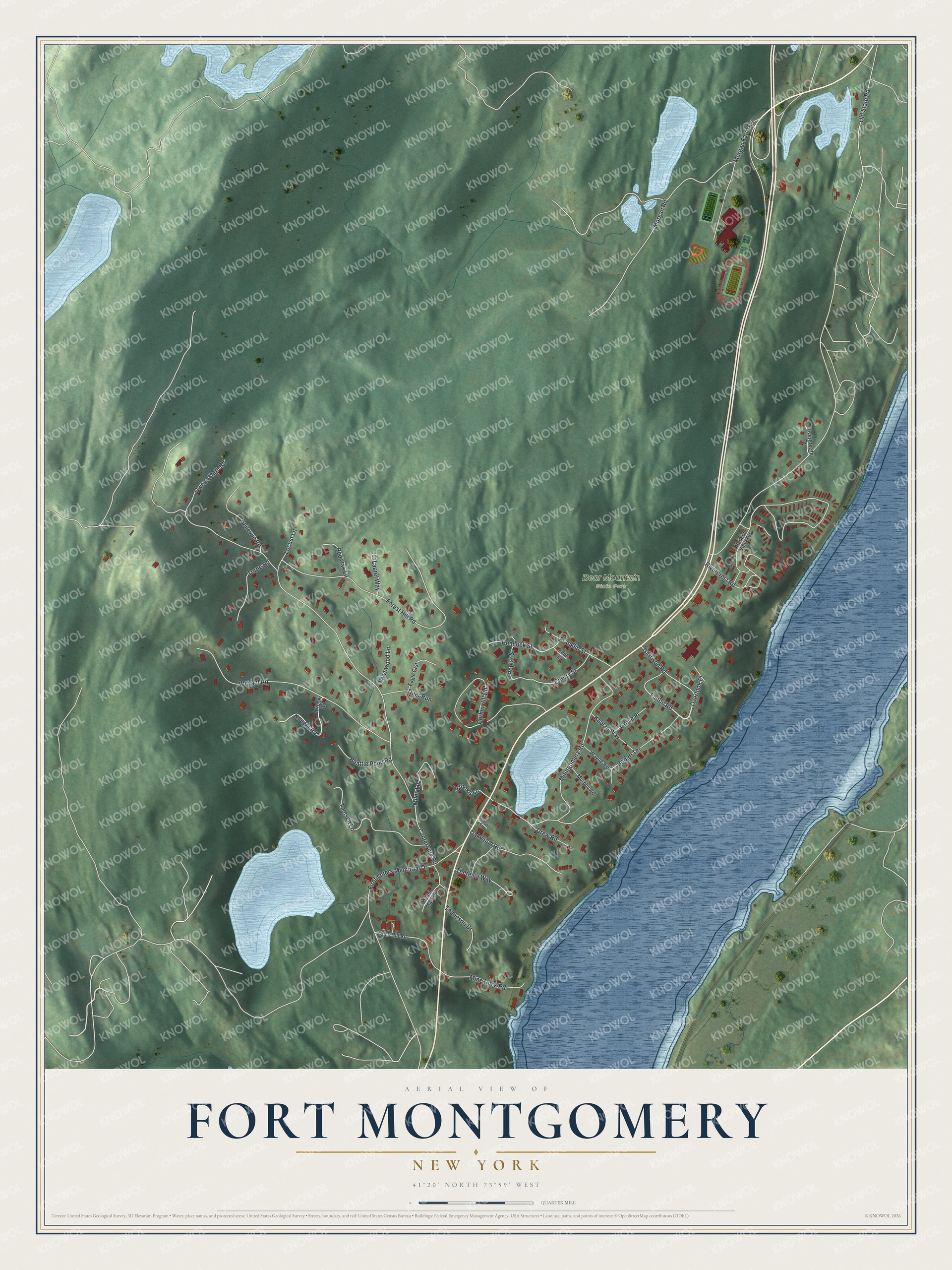Full map of Fort Montgomery, New York, with red buildings, printed street names and the land around them